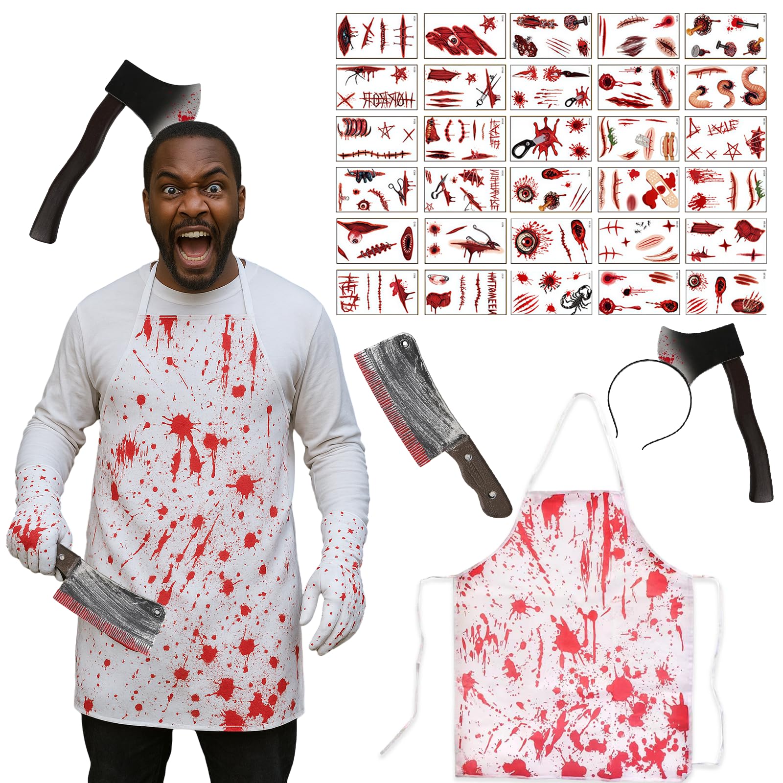GWAWG Halloween Butcher Set,Horror Hair Accessories, Bloody Apron, Halloween Scars Accessories with Zombie Scar Tattoos