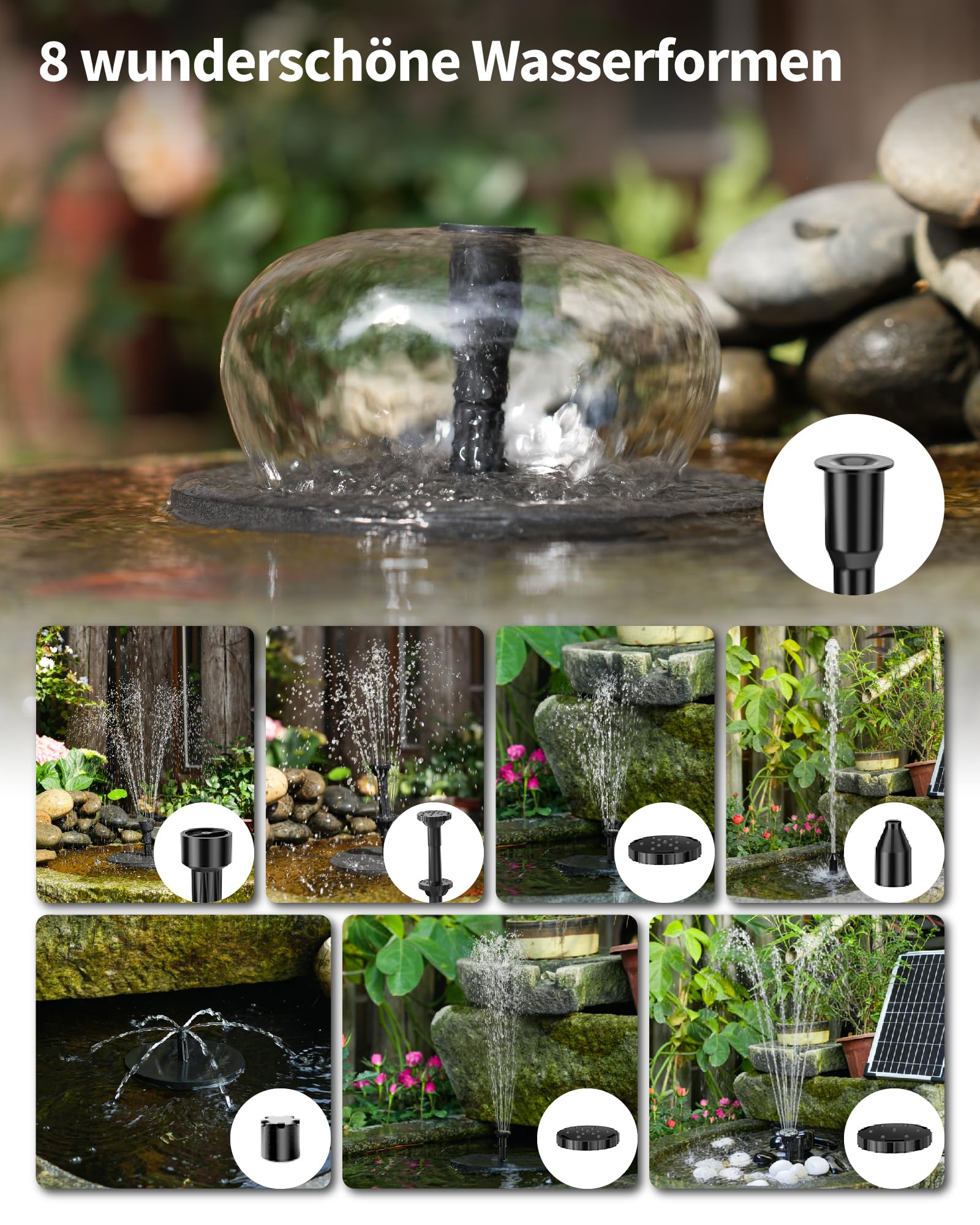 POPOSOAP Bomba solar para estanque, Solarbrunnen de 12W con batería de 4200 mAh, funcionamiento diurno y nocturno, Fuente decorativa para estanques de jardín, Montaje sencillo