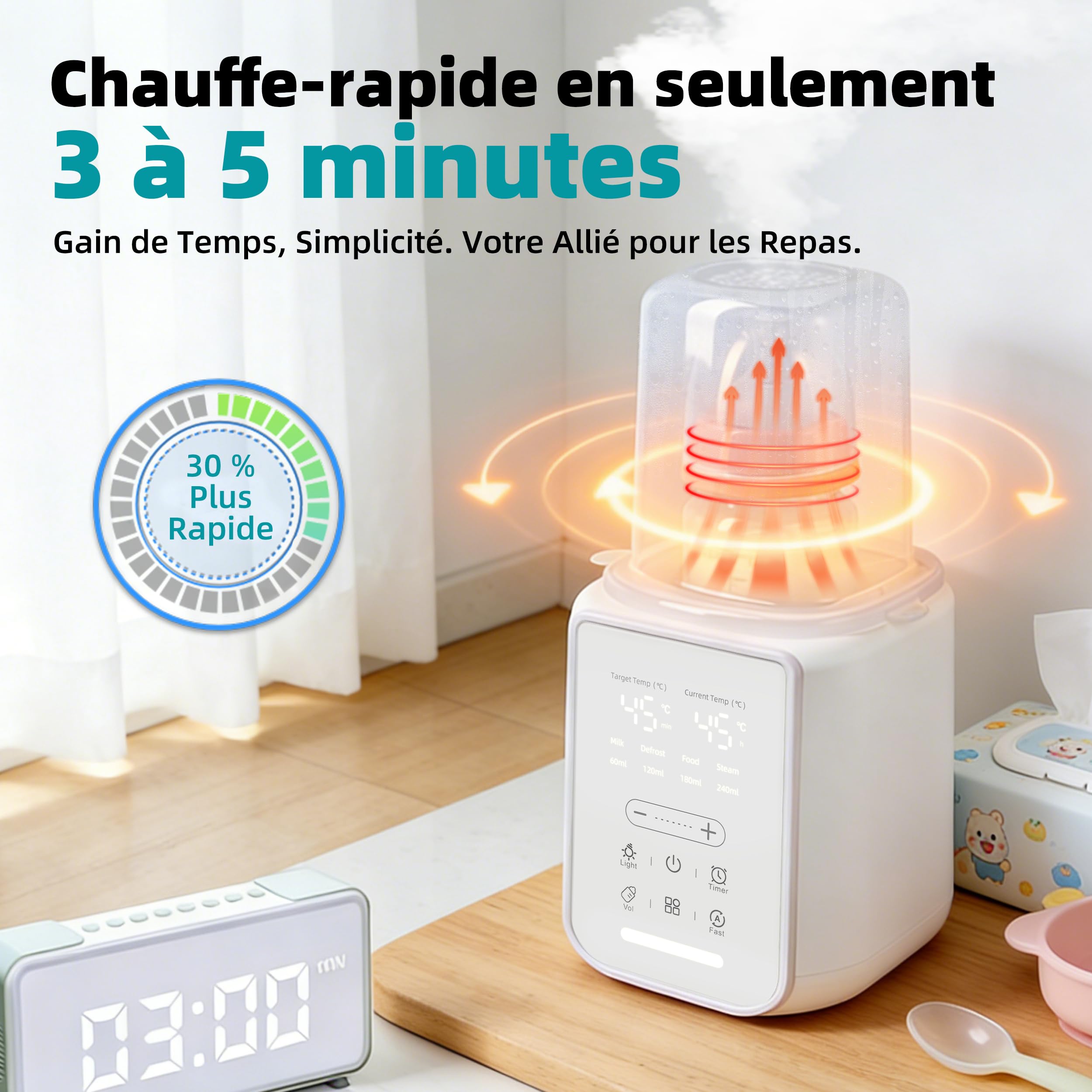 Chauffe-biberon intelligent 8-en-1 avec contrôle précis de la température, pour lait maternel ou préparation, combinant chauffage, stérilisation, maintien au Chaud et Protection Surchauffe