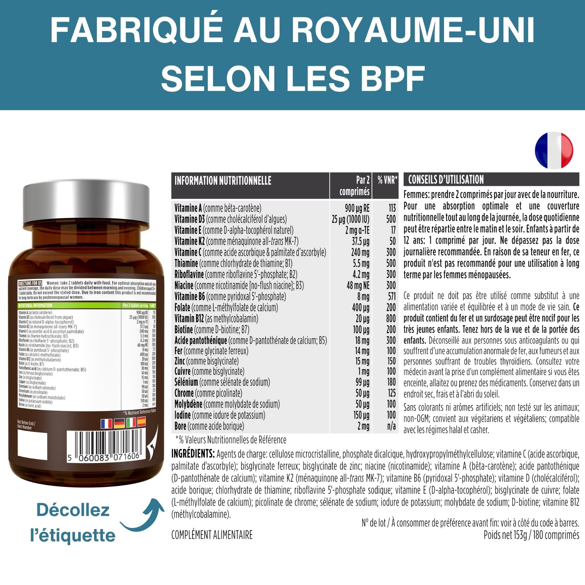 Multivitamines et Minéraux pour Femmes, Vitamines Méthylées & Bioactives, avec Fer Bisglycinate 14 mg, Libération Lente, Clean Label & 100% Vegan, 180 comprimés – par Igennus