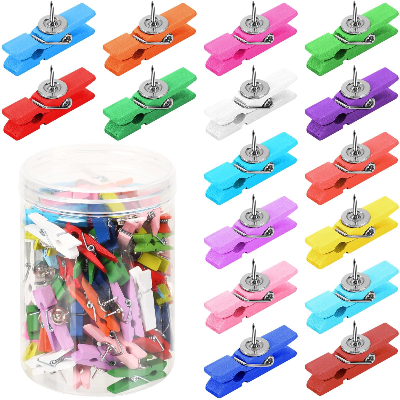 SANNIX 100Pcs Wooden Push Pin Clips, Clips with Thumb Tacks for Bulletin Board Cork Decorations & School Office Craft Photo Note Calendar Crafts Arts