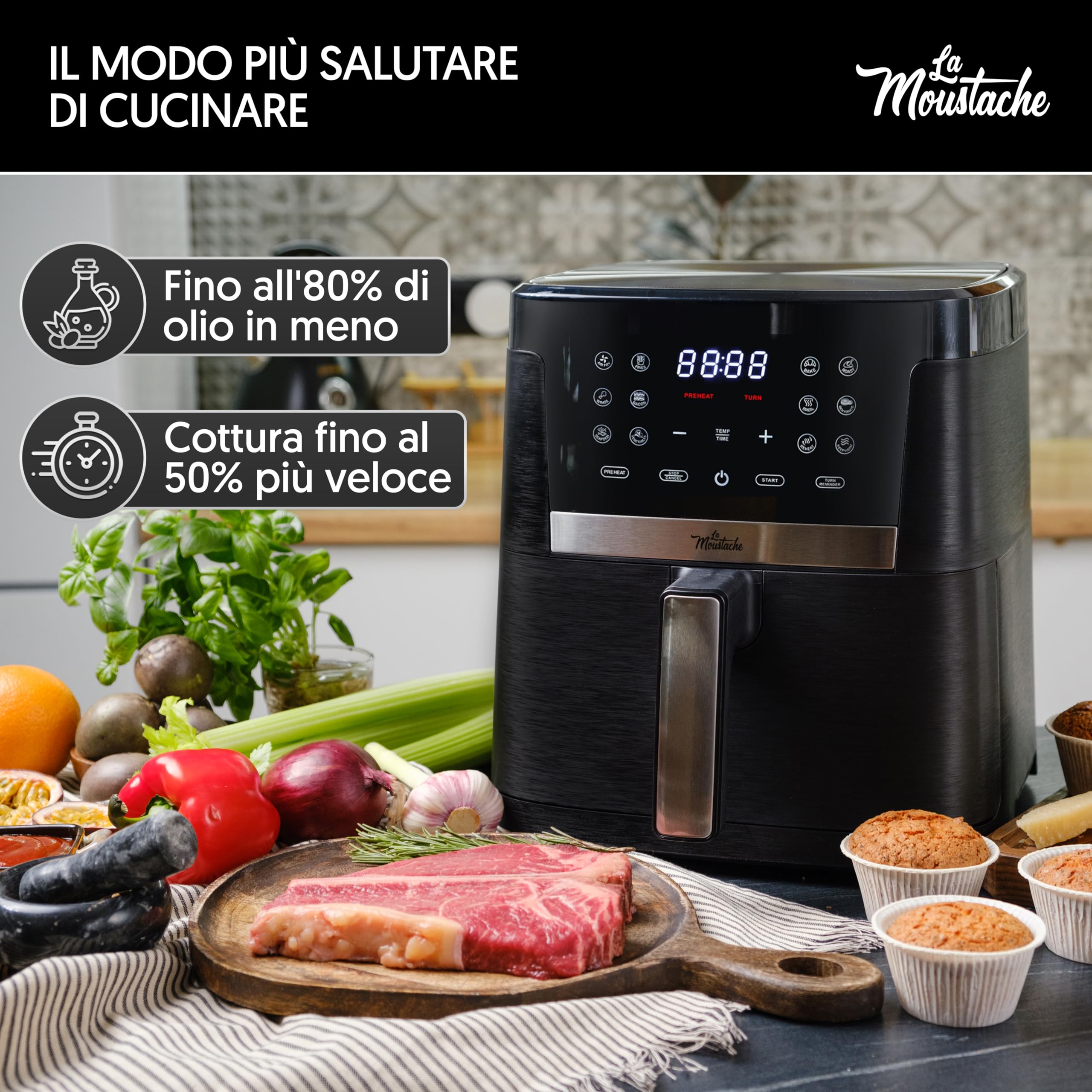 La Moustache - Friggitrice Senza Olio 7L ad Aria Calda 1800W con E-Book di Ricette, Air Fryer con 12 Programmi, Controllo Digitale 80-200 °C, Timer, Griglie Antiaderenti (Pro Smart)