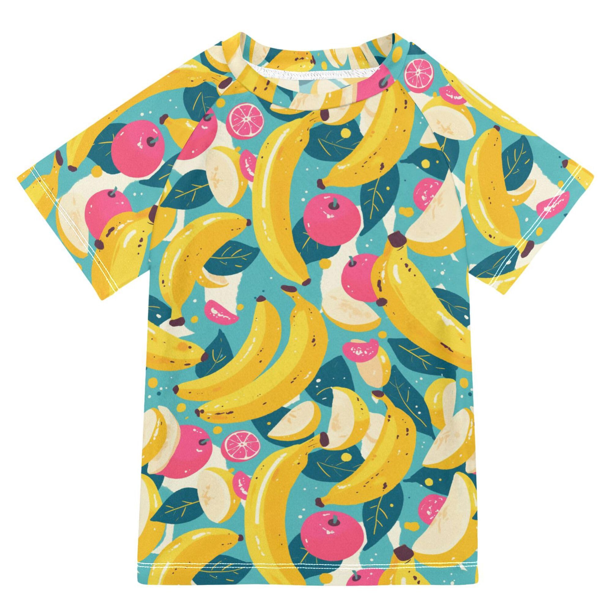 Wudan Sweet Banana Pattern Girl Bathing Suit UV Protection Girls Rashguard Swimwears Active Tees for Youth Boys 11-12Y
