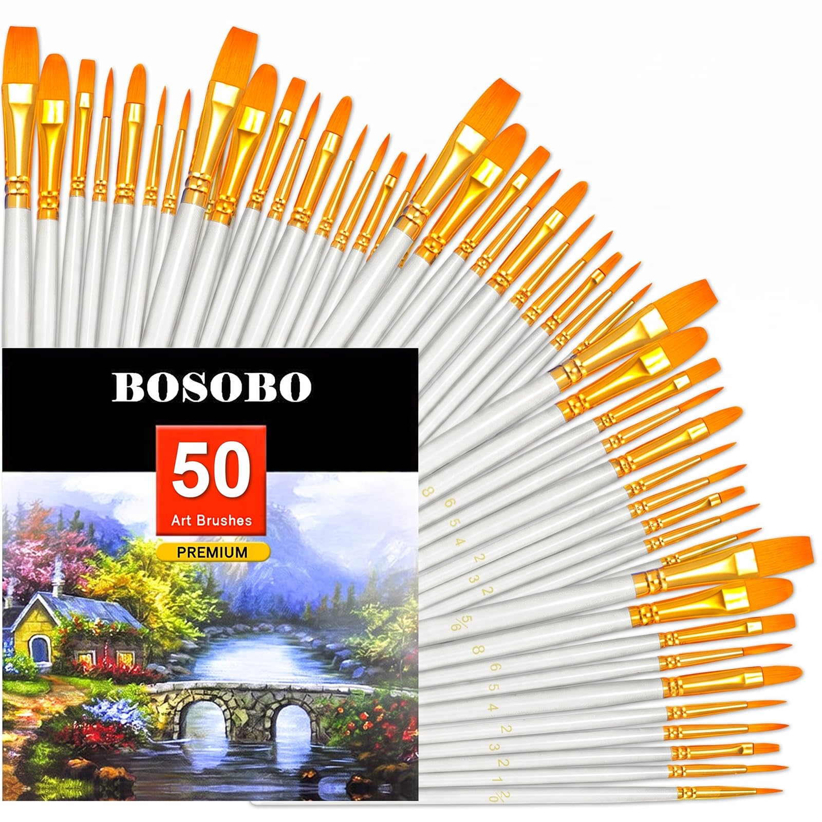 BOSOBO Assorted Nylon Acrylic Artist Paint Brushes Set,White,50 Pcs