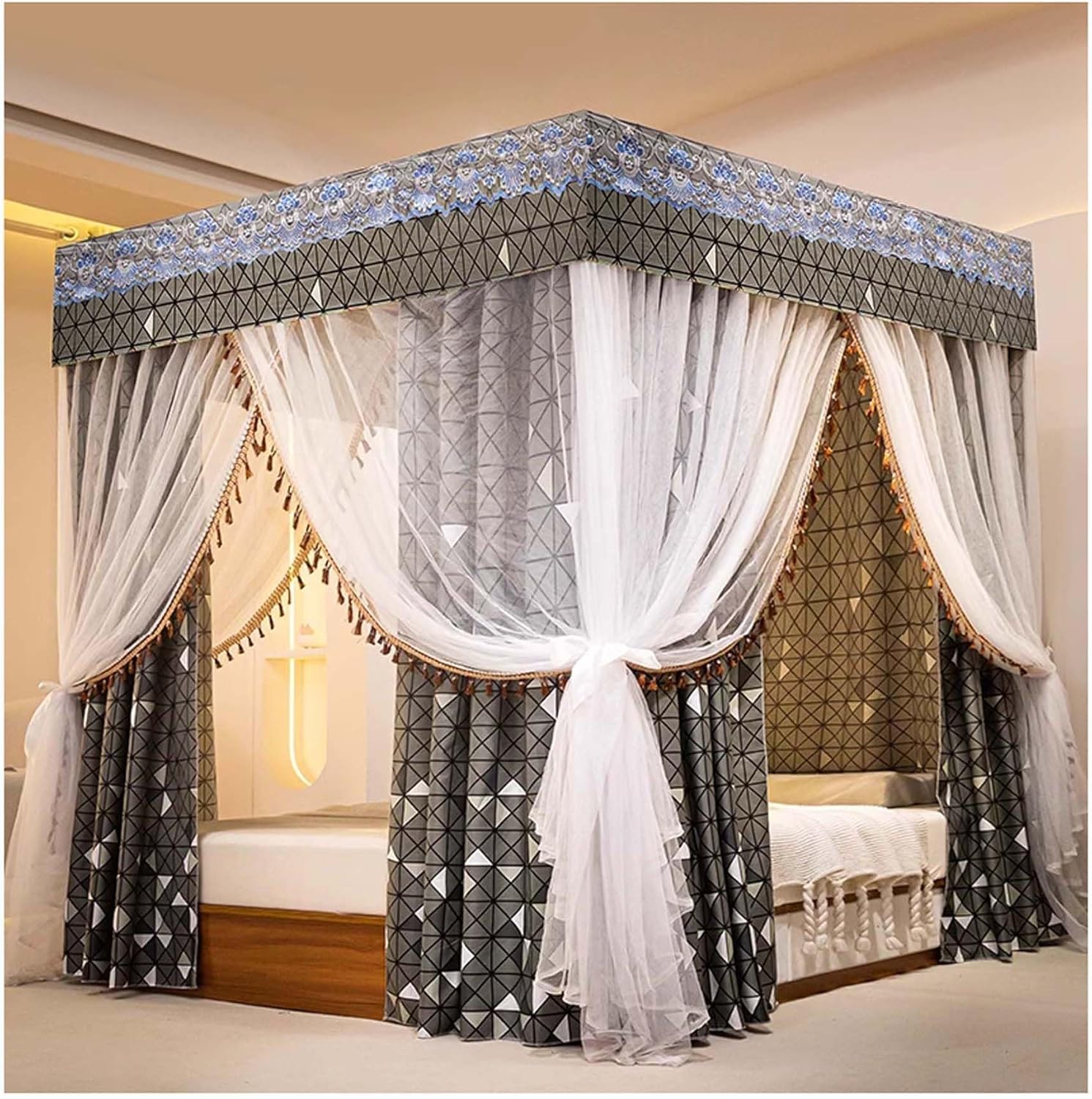 Canopy Bed Frame Post with Double Layer Curtain, Stainless Steel 4 Corners Bed Canopy, Princess Mosquito Net for Bedroom
