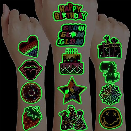 Miniatura 8 de Decoración de fiesta de cumpleaños con temática de tatuajes temporales de neón suministros de decoración de recuerdos de 96 piezas 8 hojas bonitas