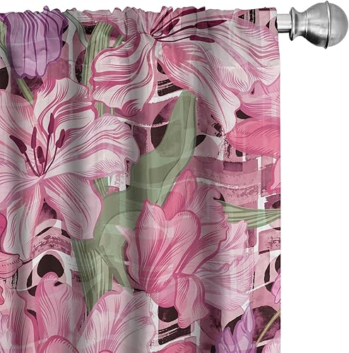 Ambesonne Cortinas florales de ensueño para ventana, colores de fantasía, flores retro, arte de ondas en la parte trasera bohemia abstracta,