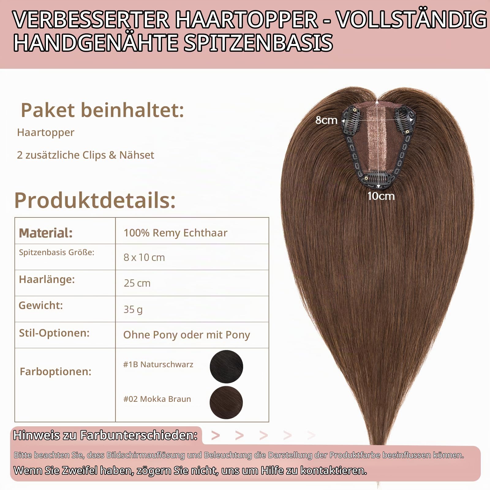 Silk-co Hair Topper Echthaar 30g, 8x10cm handgebunden Basis Toupet Damen, Clip in Haarteile mit Spitzen-Seidenbasis, kein Pony, 30cm #2R Helles Dunkelbraun