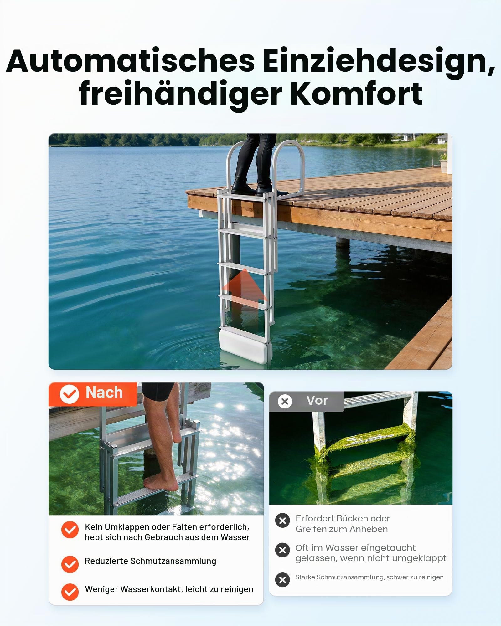 VEVOR Dockleiter Einziehbar, Bootsleiter mit 5 Rutschfesten Stufen Breite Pedale & Handlauf, 227 kg Belastbare Poolleiter für Einstieg, Teleskopleiter aus Aluminiumlegierung für Docks Pools Seen Boote