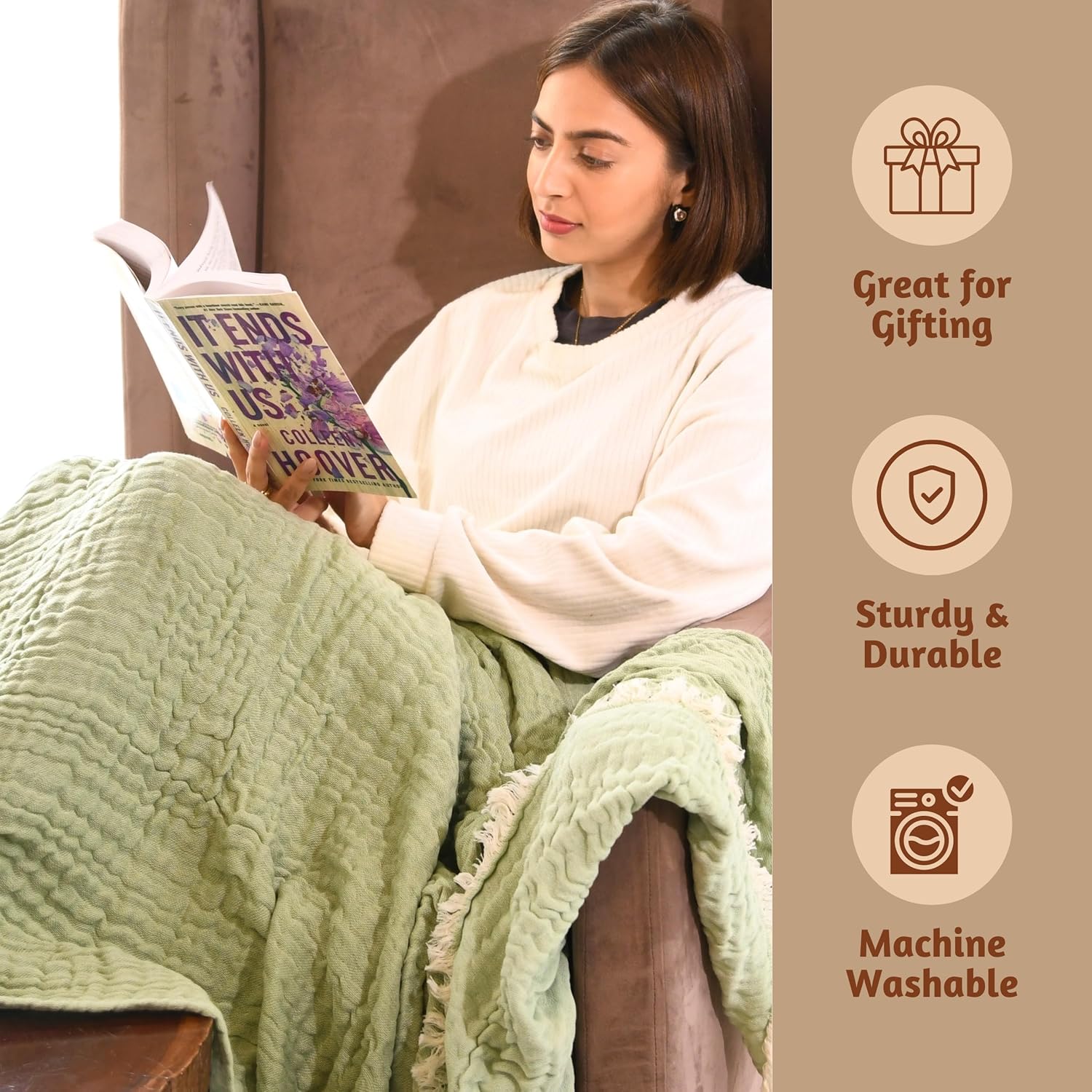 Folkulture 100% Cotton Boho Throw Blanket, 50" X 60", Green and Sage Green