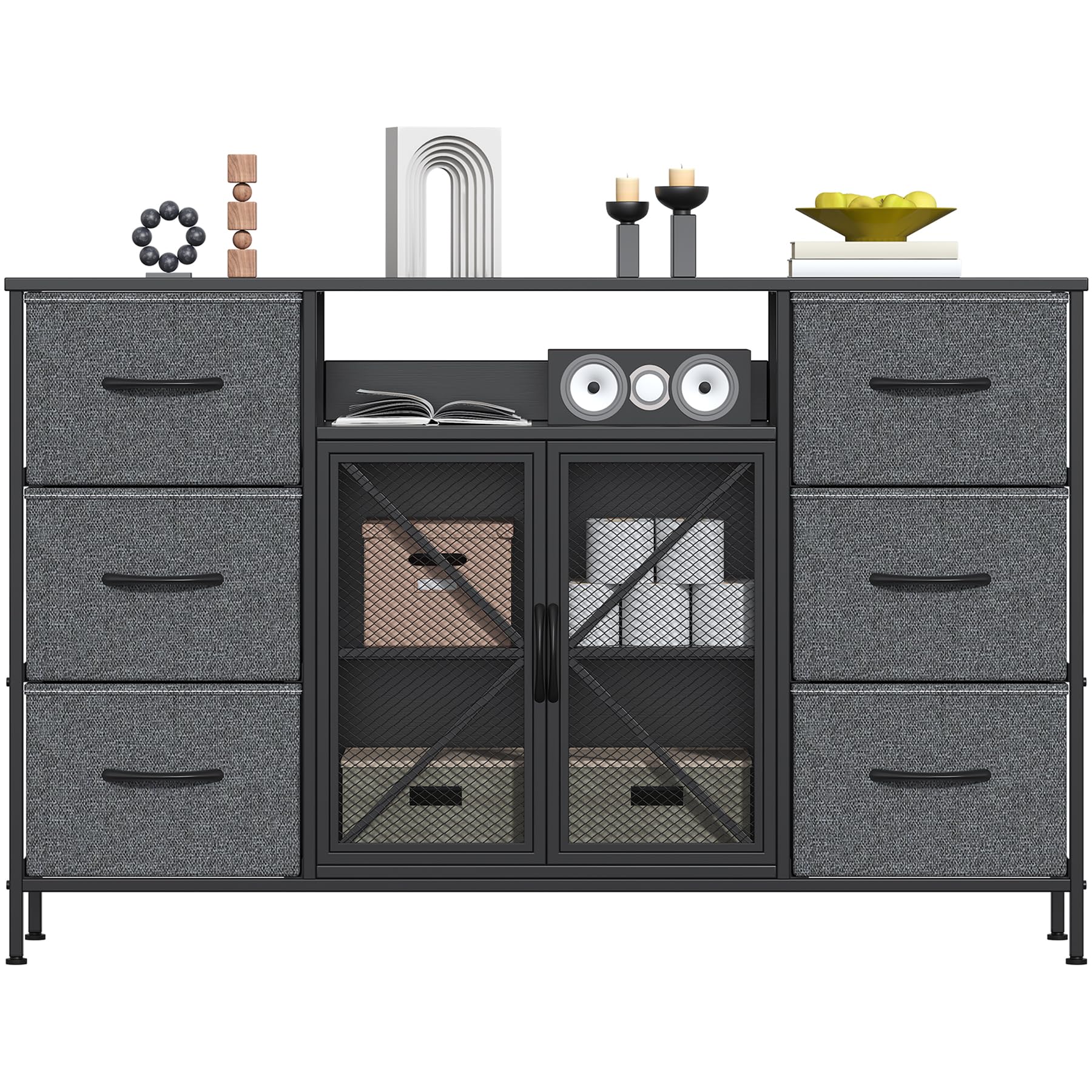 Feonase Chest of Drawers with 6 Drawers& Mesh Doors,Bedroom Drawers, Fabric Dresser with Wood Top,TV Stand Storage Unit for Bedroom, Living room(Deep Gray)