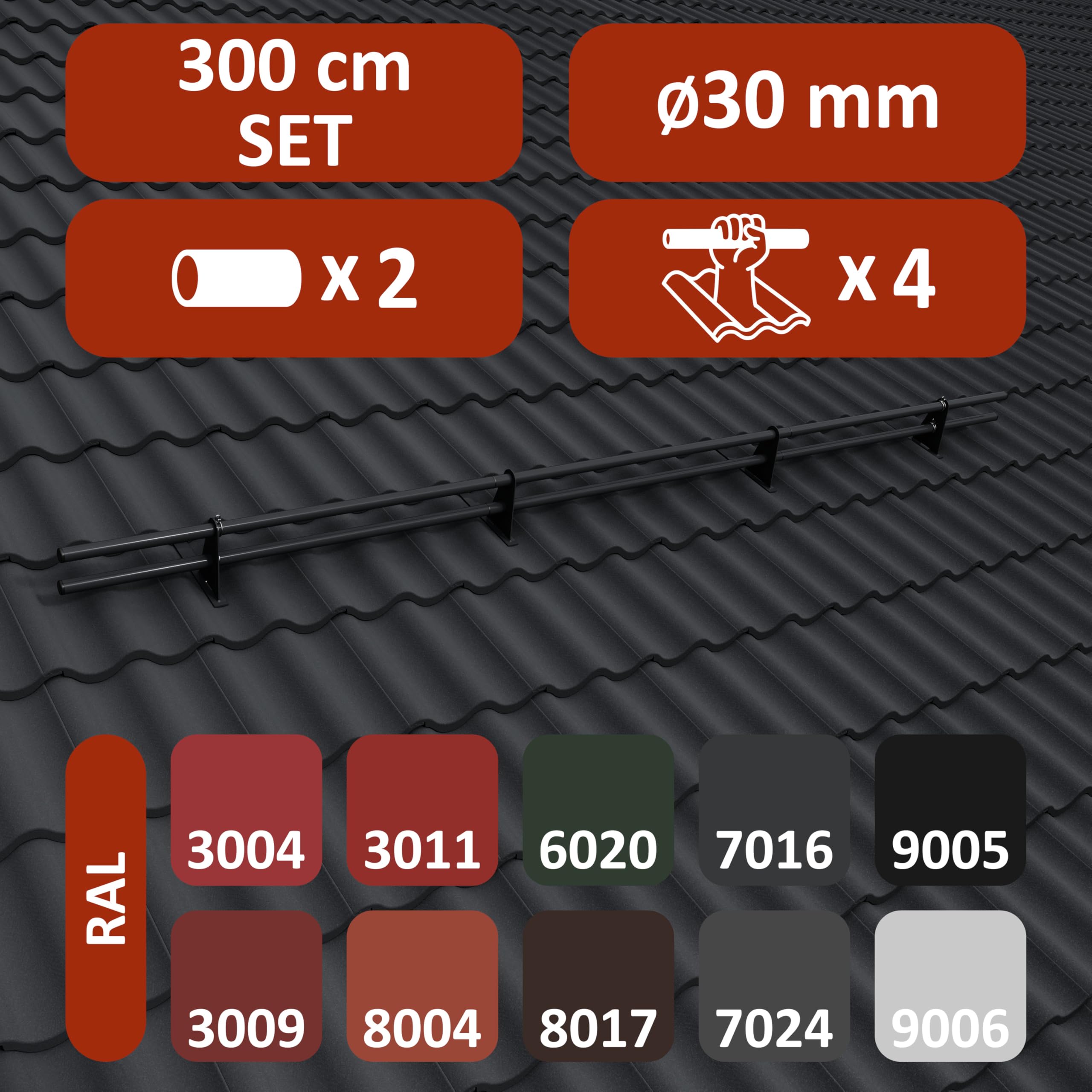 Parotec SCHNEEFANGROHR-Komplettset 3,0 m (300 cm) - für Dachziegel (Ton), Betondachsteine, Falzziegel & Dachpfannen - Schneefang/Dachlawinenschutz - 2 Rohre, 4 Halterungen - RAL 7016 Anthrazit