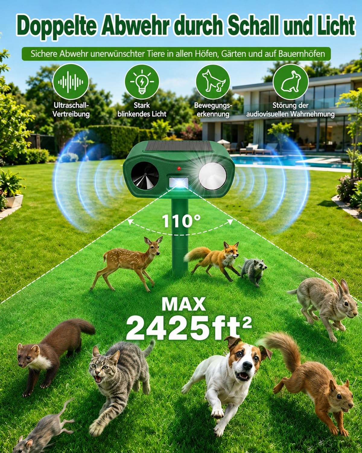 Ahuyentador de gatos ultrasónico solar y relámpago, repelente de topos IPX4, resistente al agua, para jardín, eficaz contra gatos, ratones, perros, pájaros y plagas