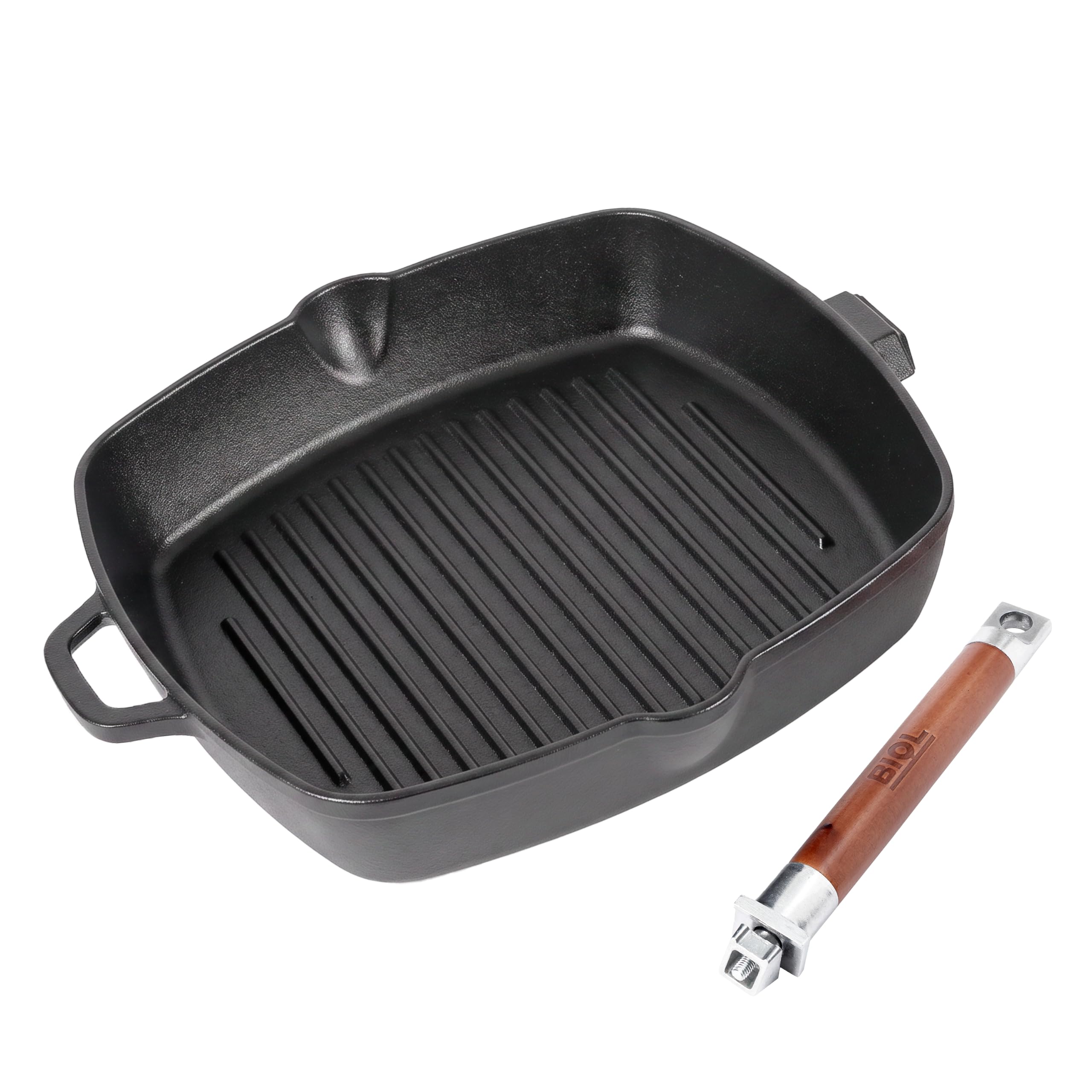 BIOL Grillpfanne 26x26 cm aus emailliertem Gusseisen – Gusseisen Grillpfanne Induktion mit abnehmbarem Holzgriff, quadratische Steakpfanne, ohne PTFE