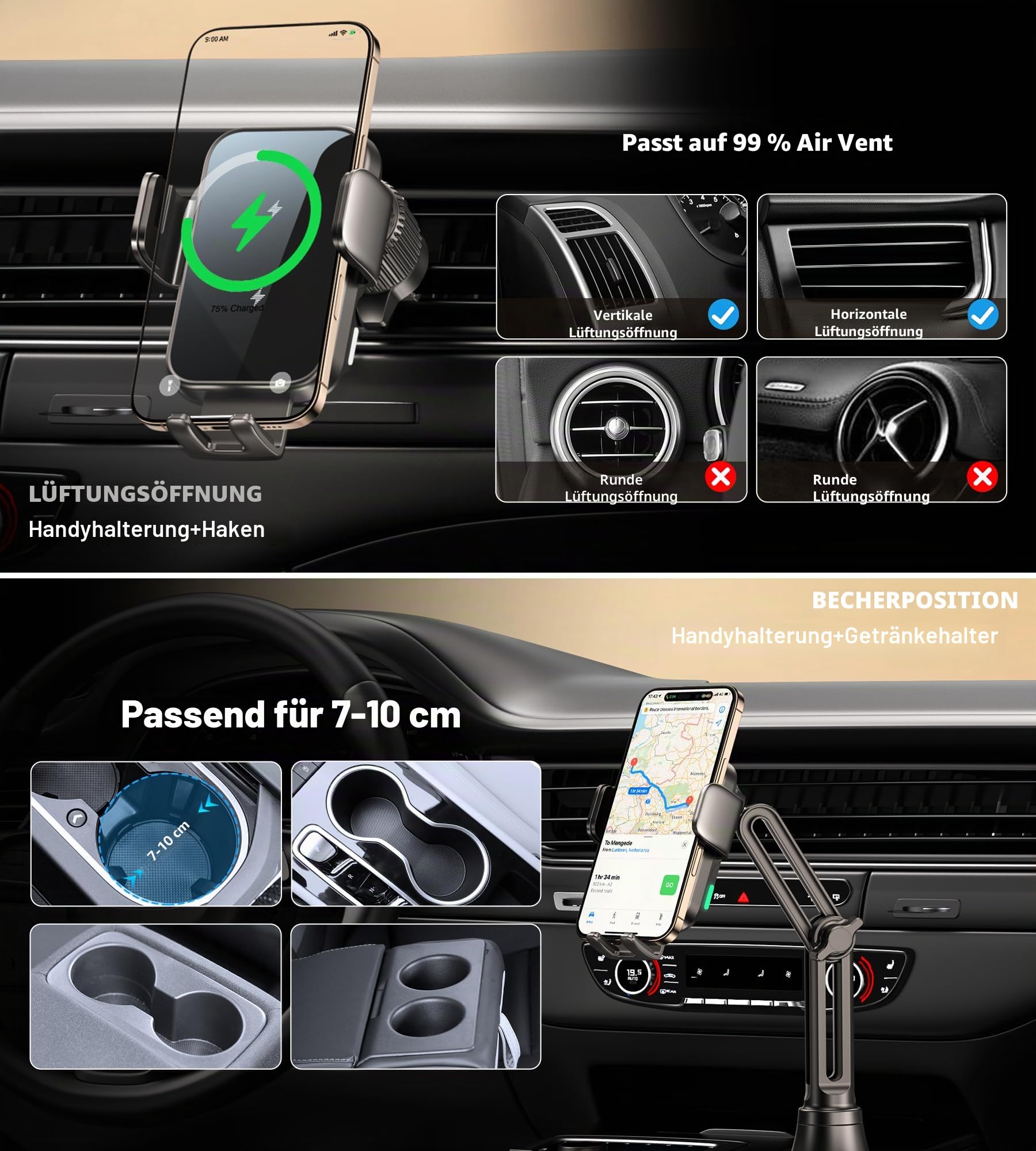 15W Handyhalterung Auto mit Ladefunktion, [360° Automatische Klemmung] Induktive Ladestation Auto Wireless Charger für Lüftung+ Saugnapf, Kfz Ladegerät für iPhone 17-12 (Black-Cup)