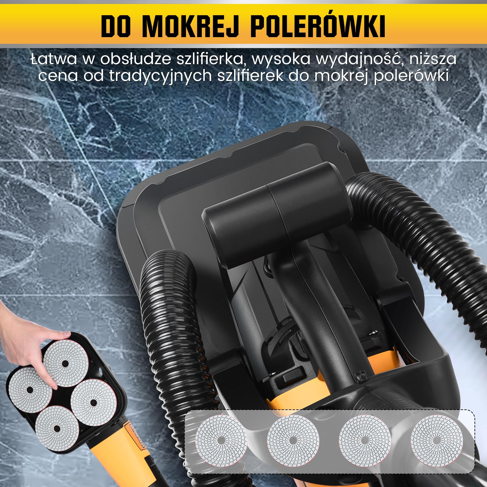 XIIW Szlifierka do posadzek 3800W z 4 tarczami diament. 100mm, 6 biegów | Frezarka do betonu z systemem odpylania suchy/mokry, 6000 RPM – szlifowania, wyrównywania i polerowania kamienia kleju tynku