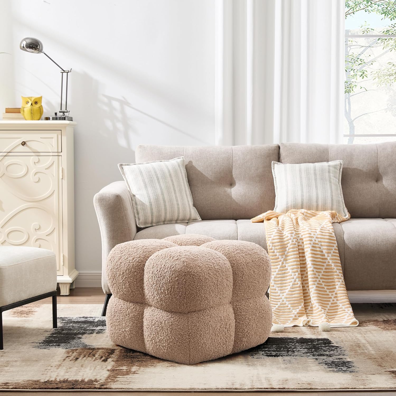 Square Ottoman Stool, Boucle Ottoman Coffee Table with with Full Coverage, Modern Vanity Stool, Upholstered Tufted Foot Rest Pouf for Bedroom, Living Room, Entryway, Tan