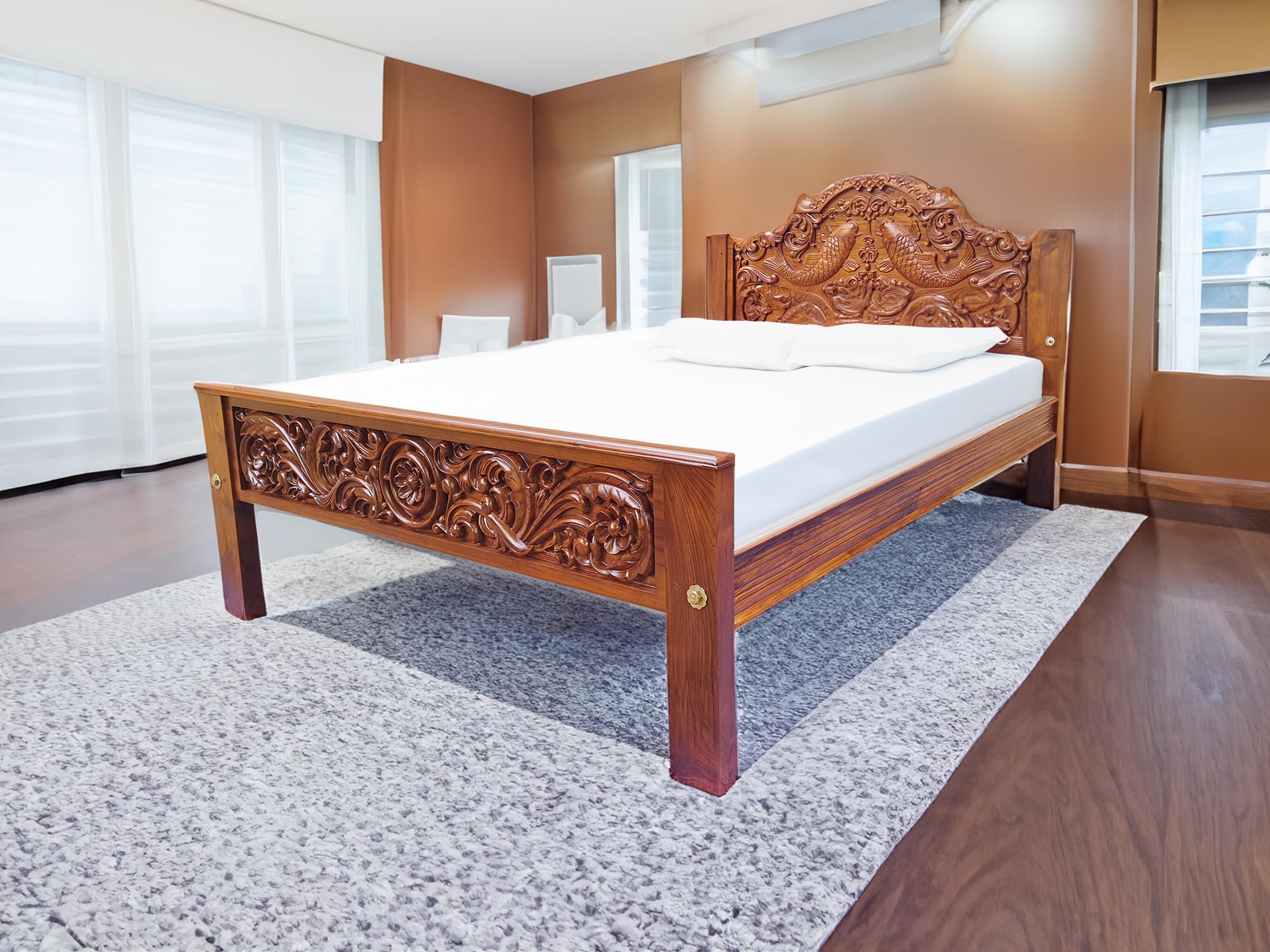 Aone - Original Teakwood Bed Frame (Double 6.5 * 4.5ft) | Fish Carved Headboard