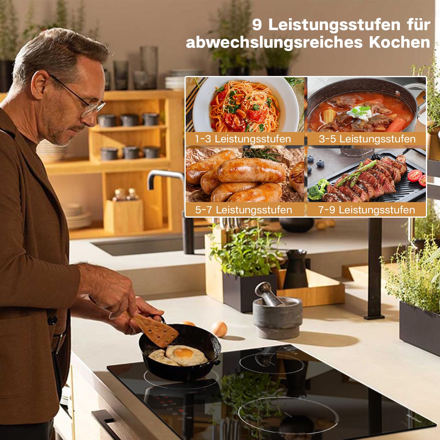 Induktionskochfeld 3 Platten, 60cm Induktionsherd mit Boost | 3500W, 9 Leistungsstufen, Touch-Bedienung, Eingebauter, Sicherheitssperre, Stecker, Timer, Hinweis zur Restwärme