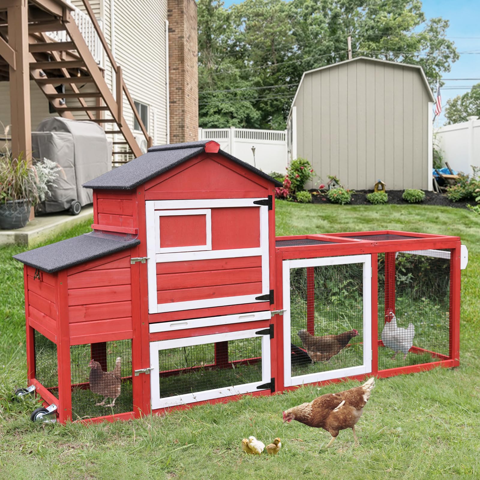 Chicken Coop for 2-4 Chickens,Outdoor Chicken House with Wheels, Nesting Box, Leakproof Pull-on Tray and UV-Resistant Roof Panel, Wooden Mobile