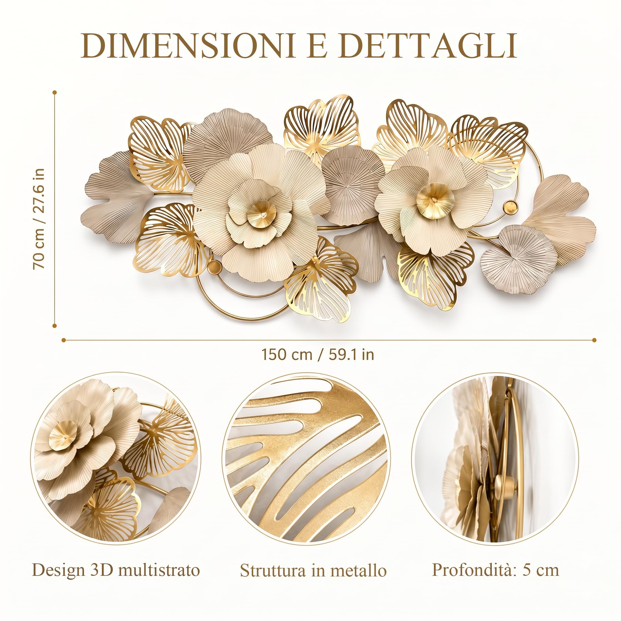 Generico Decorazione da Parete in Metallo Floreale,150x70 cm