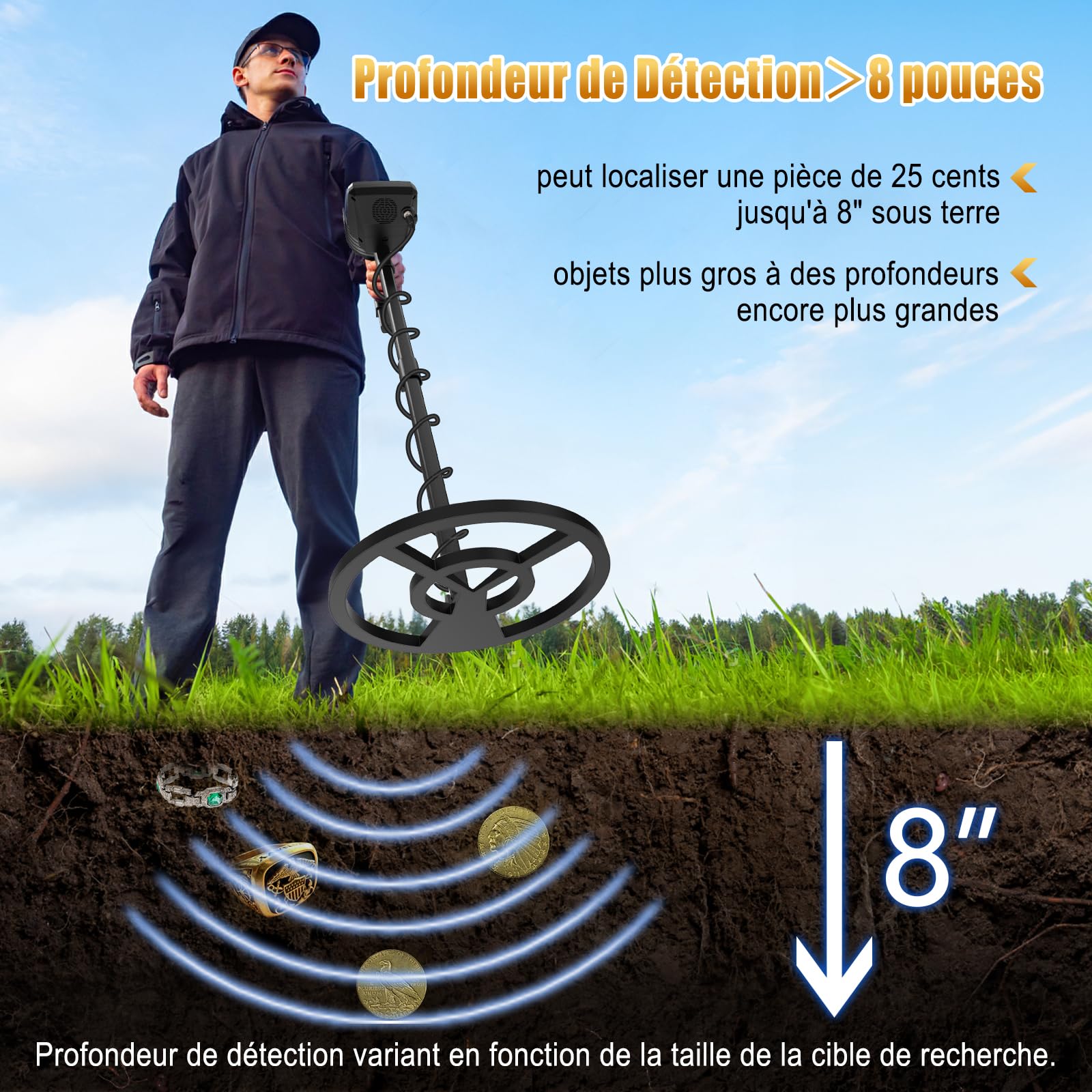 OMMO détecteur de métaux pour Adultes Professionnels, Rechargeable USB, 6 Modes, Tige réglable 69,8-124,5 cm, Bobine étanche IP68 25,4 cm