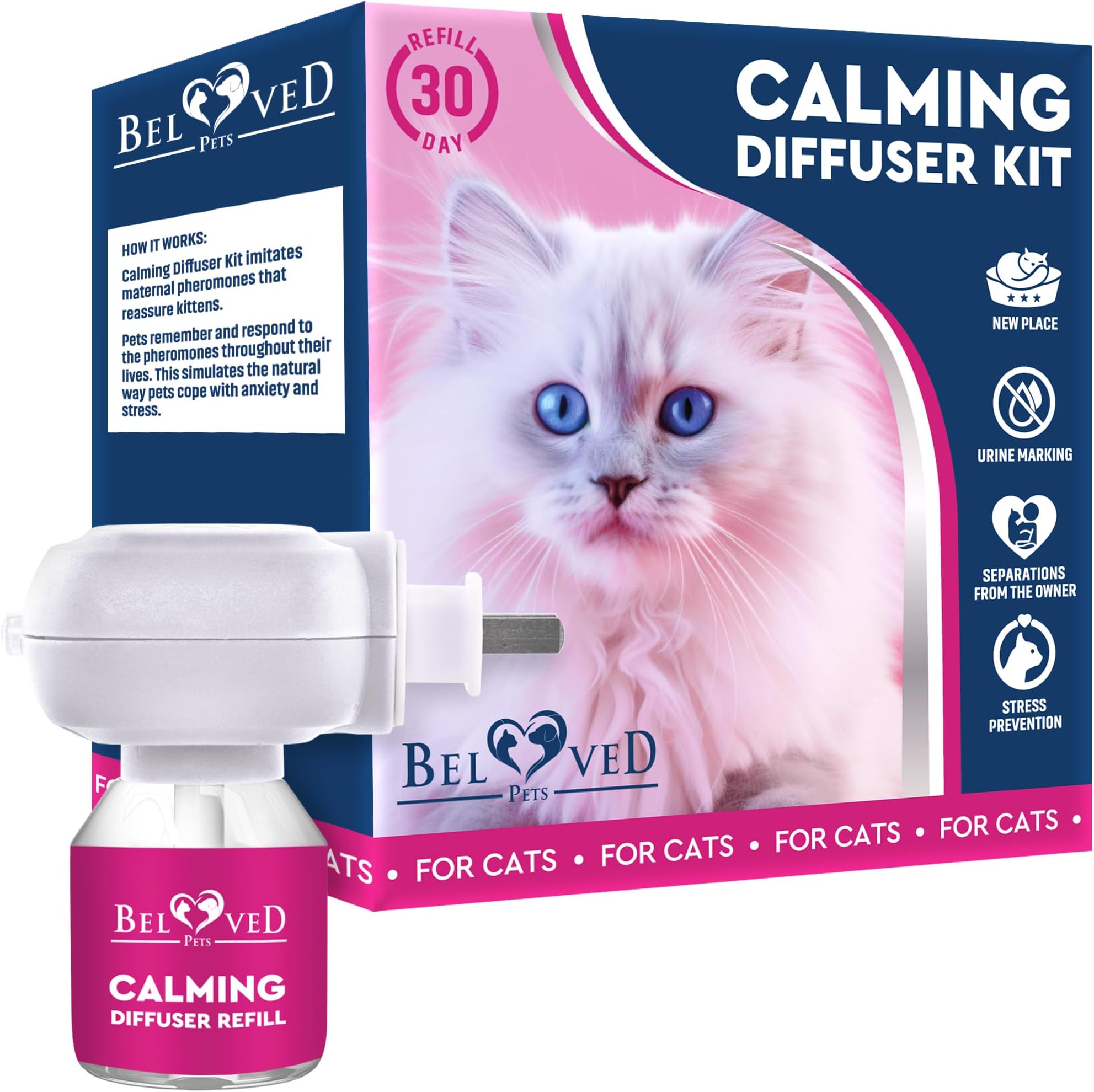 Beloved Pets Pheromone Calming Diffuser Plug in + Refill for Cats with Long-Lasting Effect - Enhanced Calm Formula of Anxiety Relief & Pet’s Behavior Control - Stress Prevention for Pets