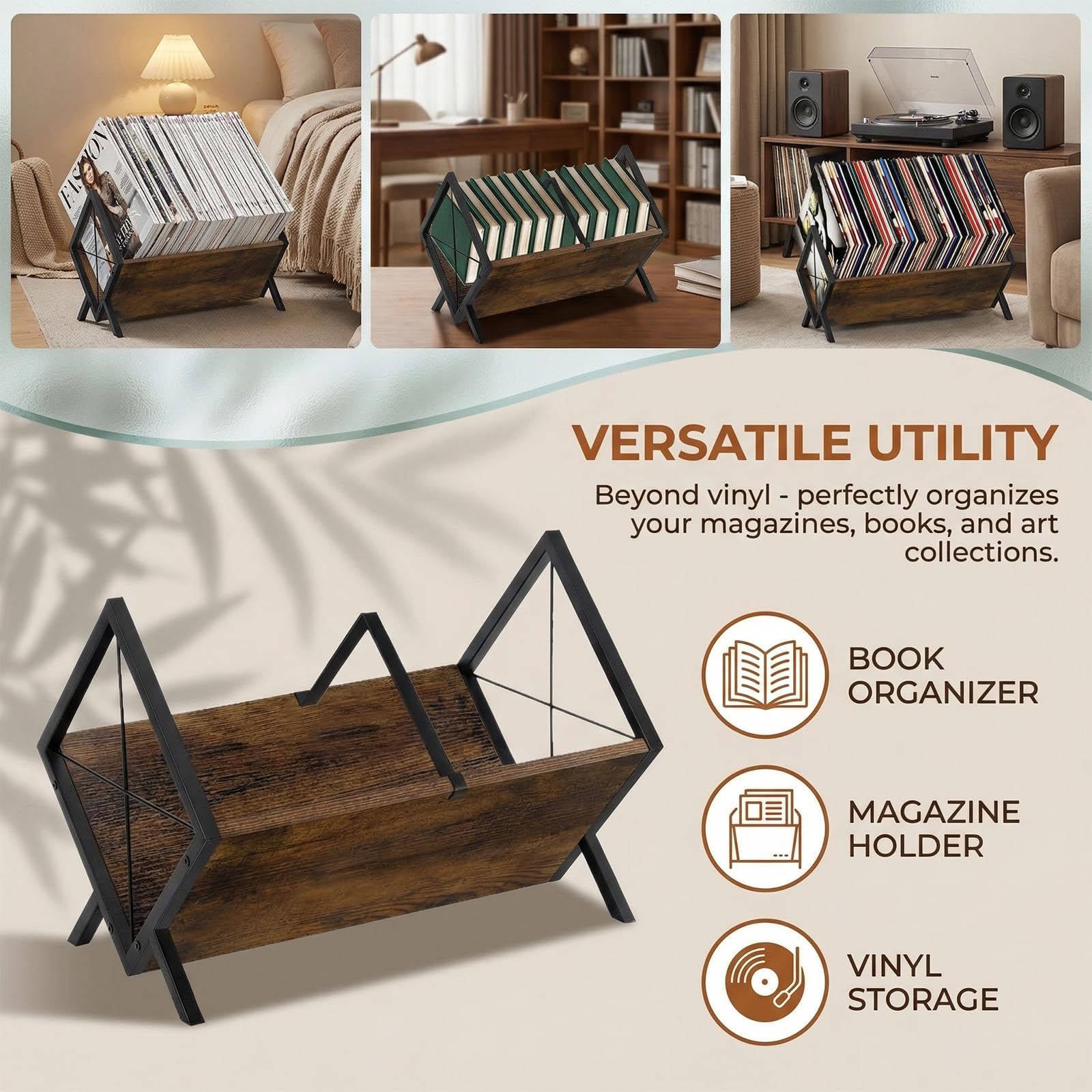 Contenitore per Dischi in Vinile per 80-100 LP, 40x35x35cm | Legno MDF e PVC, Per Vinili e Riviste, Divisori Regolabili, Coperchio Incluso, Nero