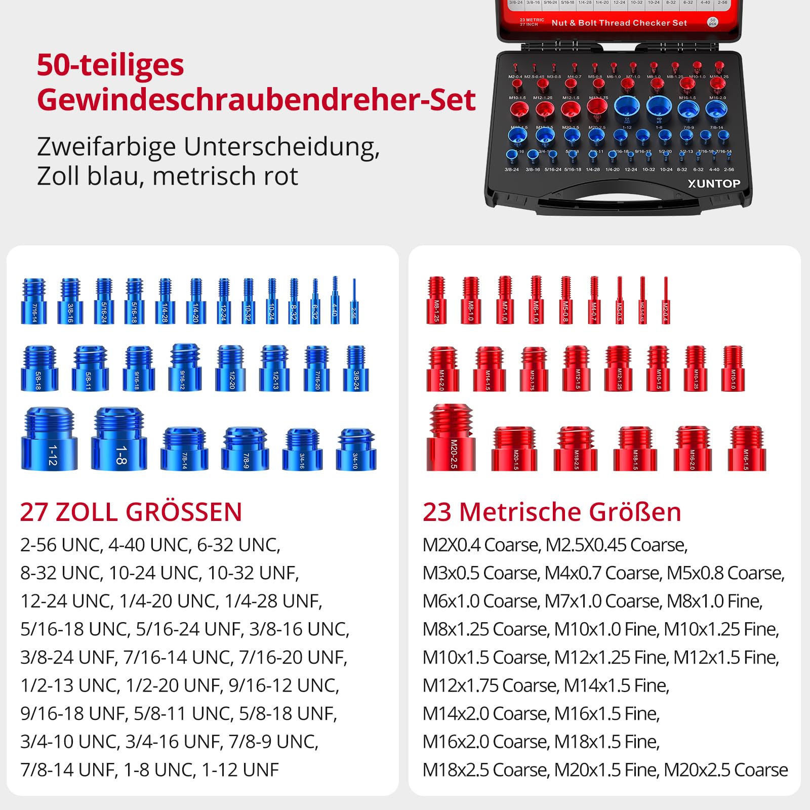 XUNTOP Gewindeprüfer Bolzengewindeprüfer 50 Stück Gewindelehren 27 imperial 23 metrisch