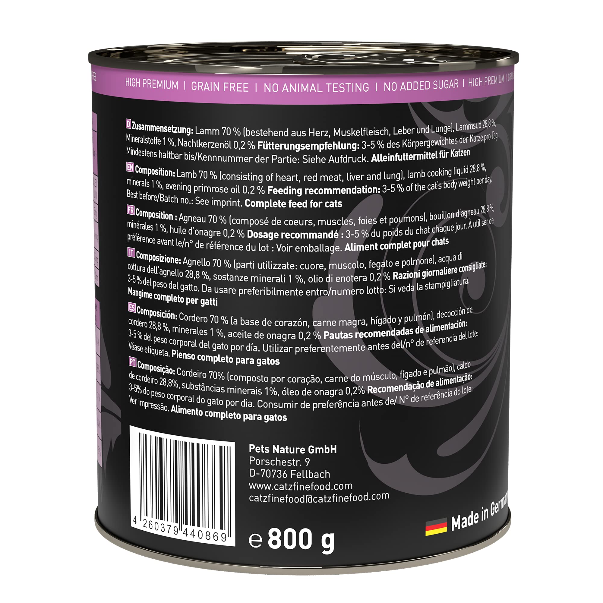 catz finefood Purrrr Lamm Monoprotein Katzenfutter nass N° 111, für ernährungssensible Katzen, 70% Fleischanteil, 6 x 800 g Dose