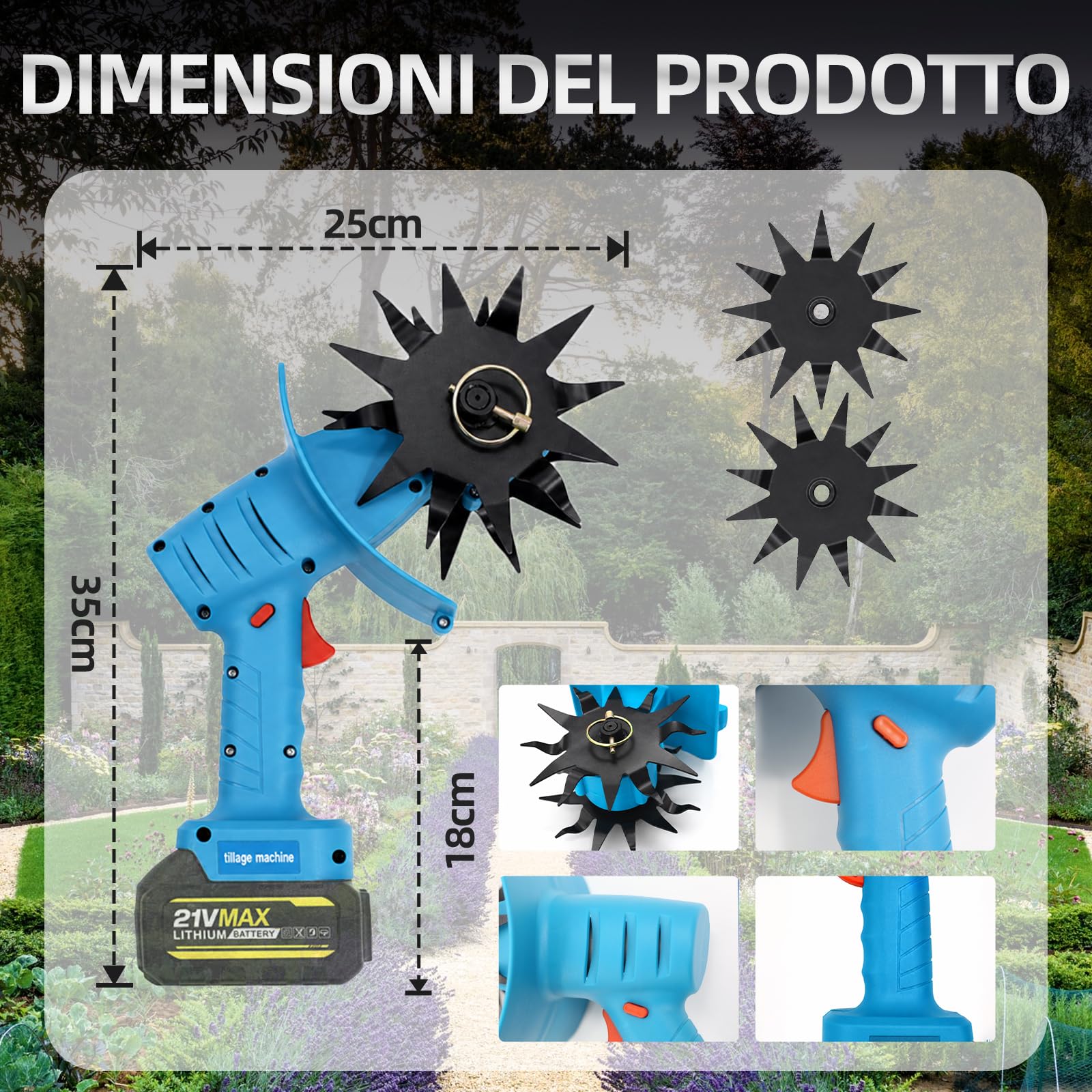 Motozappa portatile senza fili 350W – Fresatrice da giardino con 4 lame – Profondità di lavoro 195mm, larghezza 160mm – Alimentazione 18V (corpo solo, batteria non inclusa)