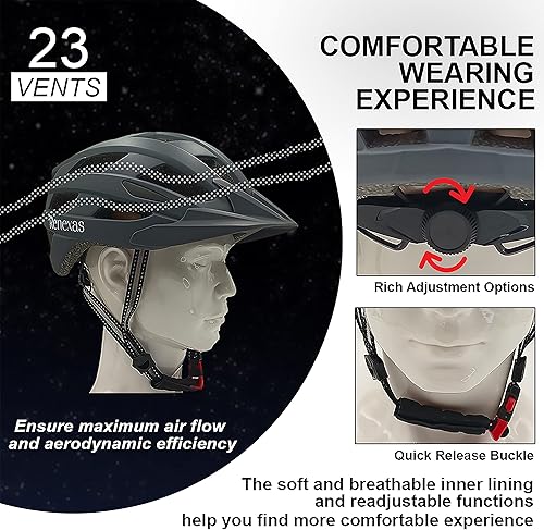 Miniatura 4 de Casco de bicicleta de montaña para adultos con luz LED, cómodos cascos de bicicleta para hombres y mujeres con visera, correas ajustables, gran
