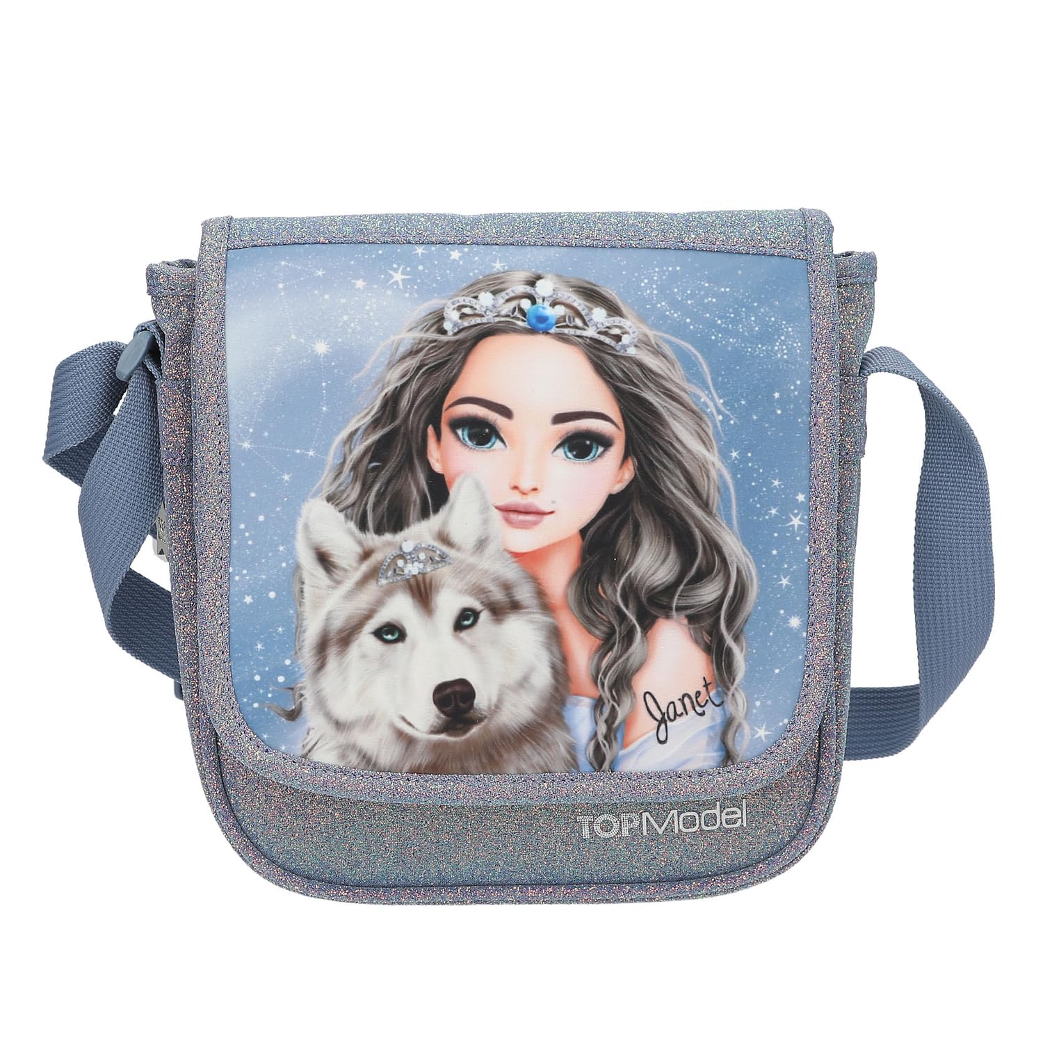 Depesche 13153 TOPModel Wolf - Mała torba na ramię w kolorze ciemnoniebieskim, z motywem modelu, gwiazdkami i brokatem, torba z regulowanym paskiem na ramię