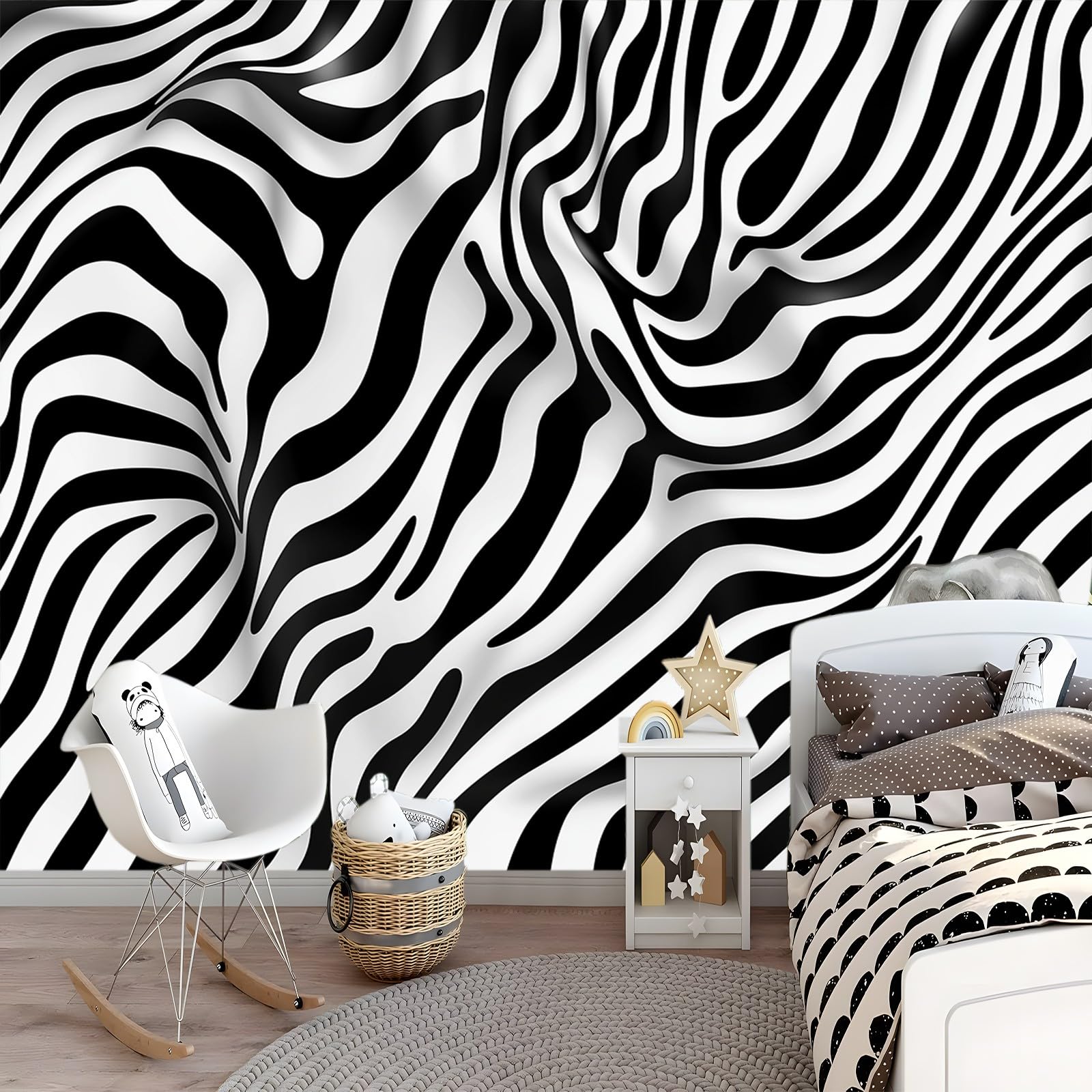 Papel tapiz mural de pared 400 x 280 cm Papel tapiz no tejido Abstracto Rayas De Cebra Papel tapiz fotográfico decorativo moderno para dormitorio infantil Blanco Negro Papel tapiz de póster