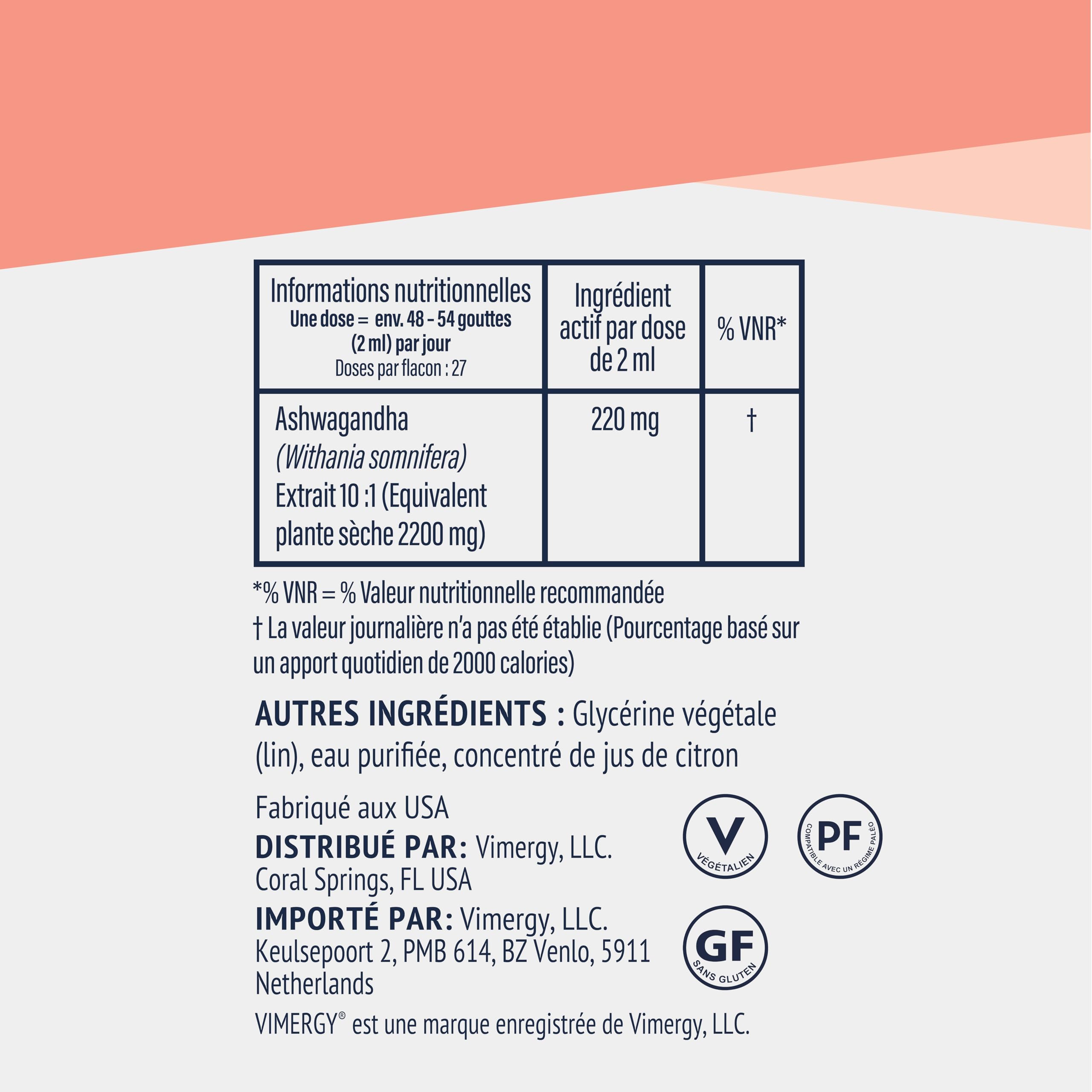 Vimergy Ashwagandha Liquide, 57 Portions – Gouttes d'Ashwagandha – Extrait d'Ashwagandha avec de la Glycérine – Complément Végan – Formulé sans Sucre ni Liant – Sans OGM ni Gluten (115 ml)