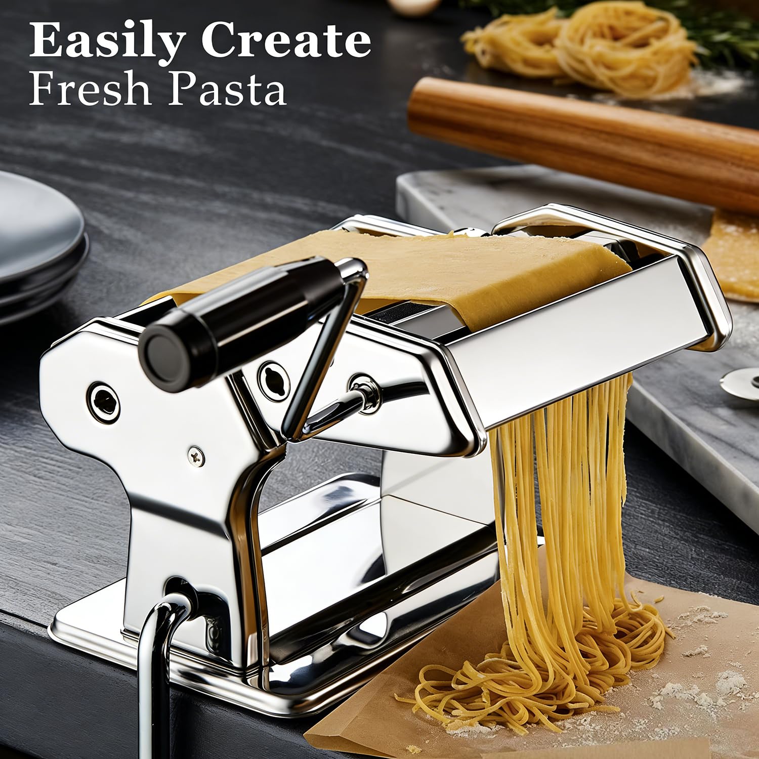 Máquina para hacer pasta, máquina manual de pasta con 9 ajustes de grosor ajustables, máquina de fideos de acero inoxidable con rodillos y cortador para pasta, espaguetis, fettuccini, lasaña