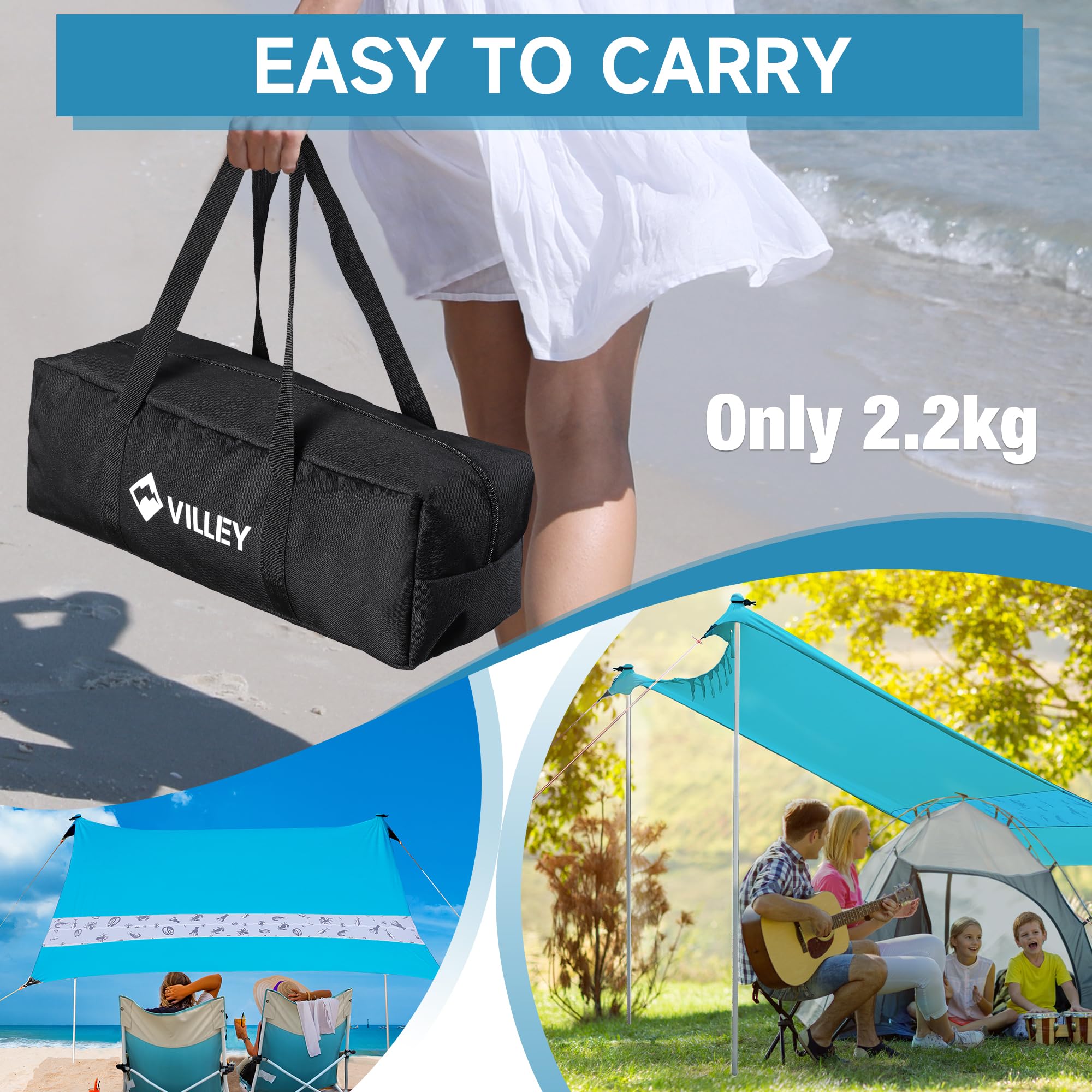 VILLEY Tenda da spiaggia per 1-3 persone, tenda portatile, 2,4 m x 2 m, con 2 pali in alluminio, UPF50+, angoli rinforzati, ideale per spiaggia, campeggio, picnic (blu)