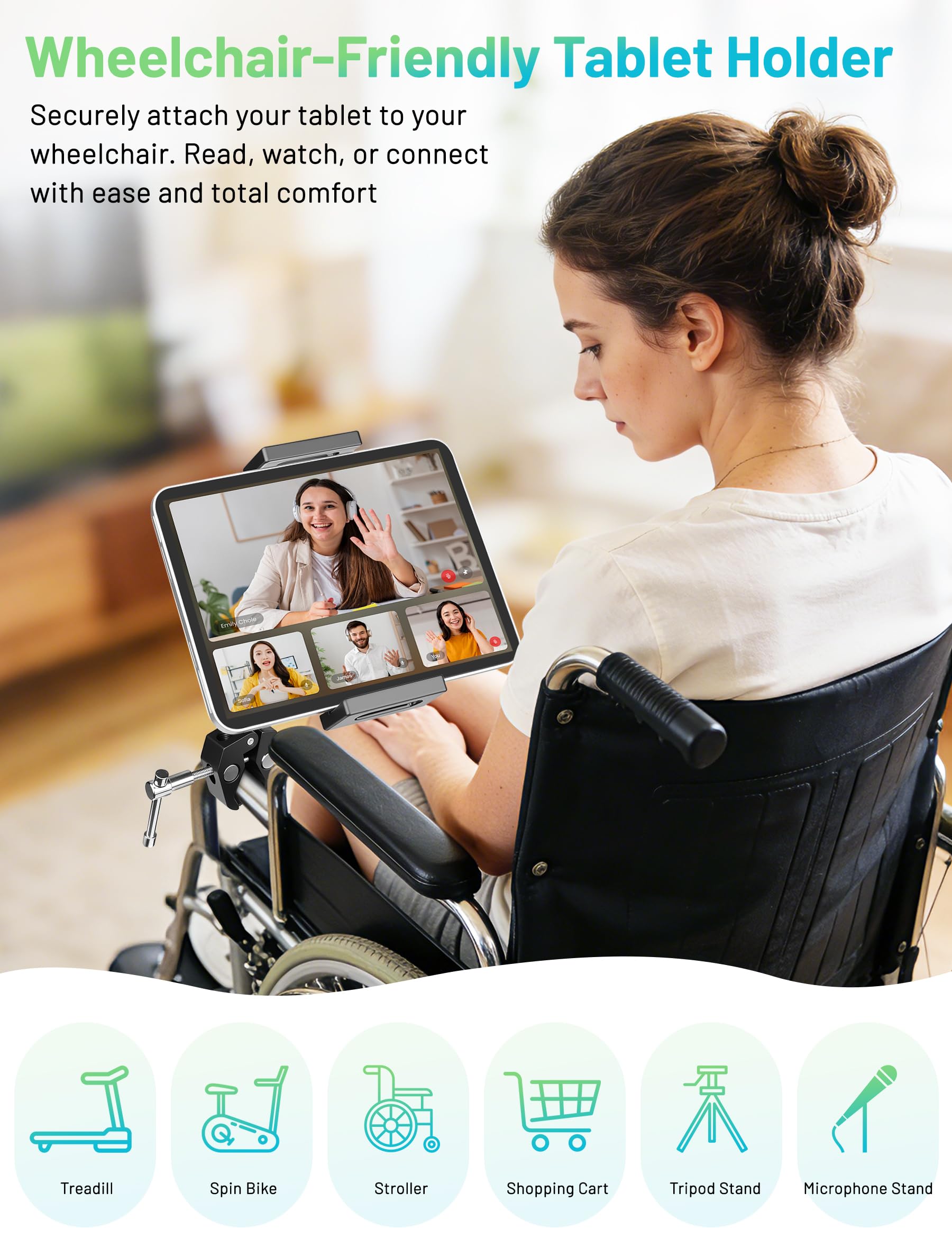 Support de tablette pour tapis roulant, support iPad, vélo d'appartement, support de guidon pour micro, poussette, fauteuil roulant, vélo elliptique, support de tablette pour iPad Pro Galaxy
