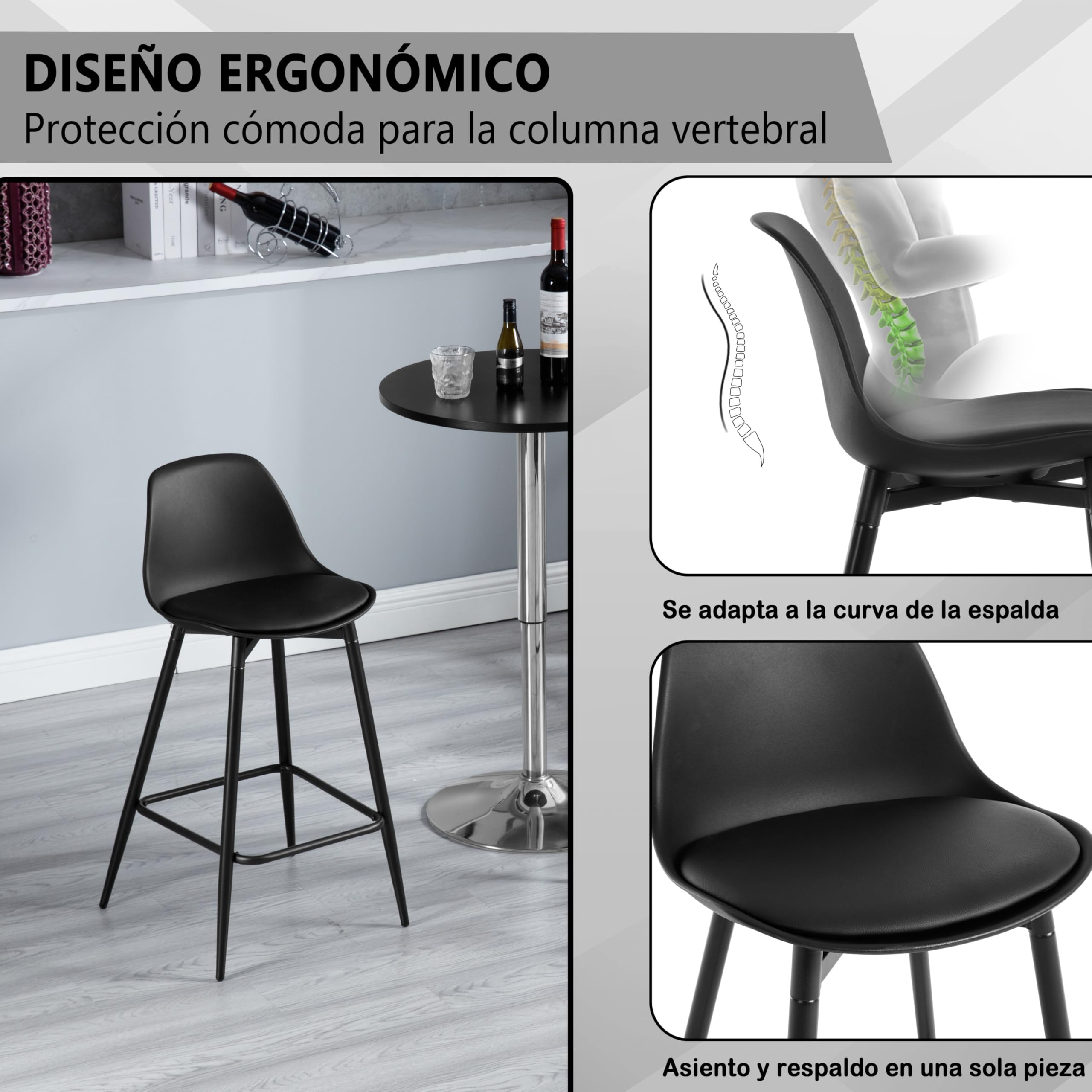 Taburete Bar con Respaldo Asiento en PP, Negro | para Comedor, Salón y Cafetería