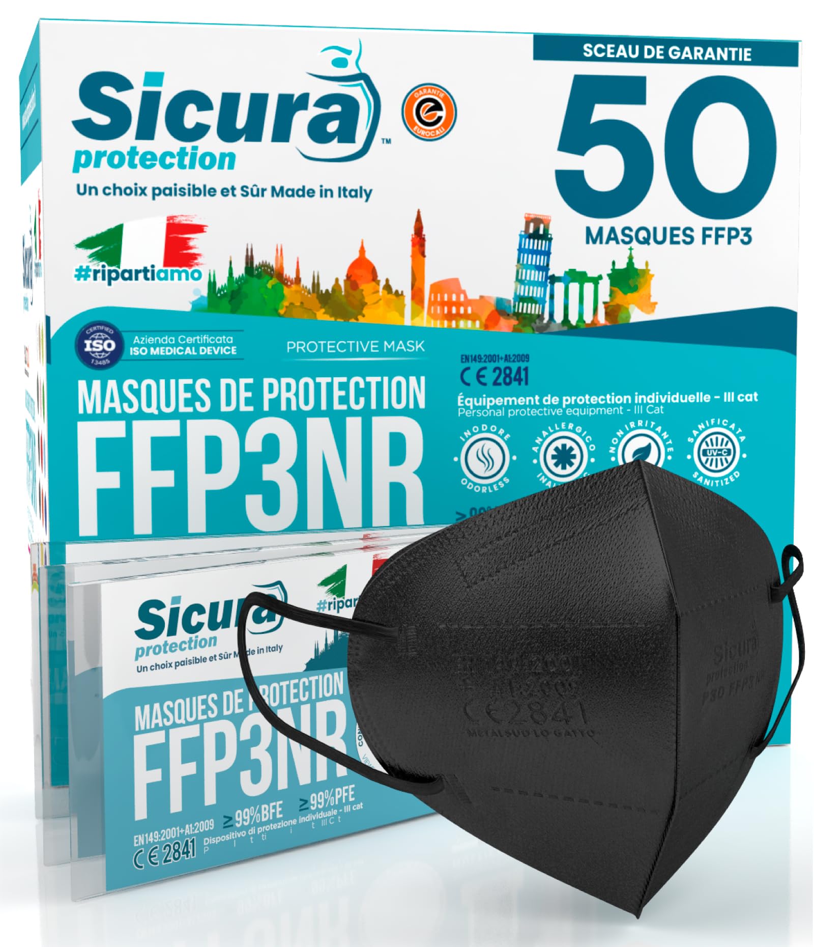 SICURA MASCHERINE CHIRURGICHE 50x Masque FFP3 Noir certifié CE fabriqué en Italie Haute Filtration Plus élevée BFE ≥99% PFE≥99% Masques 50 pièces Scellés Individuellement UV-C Désinfectez