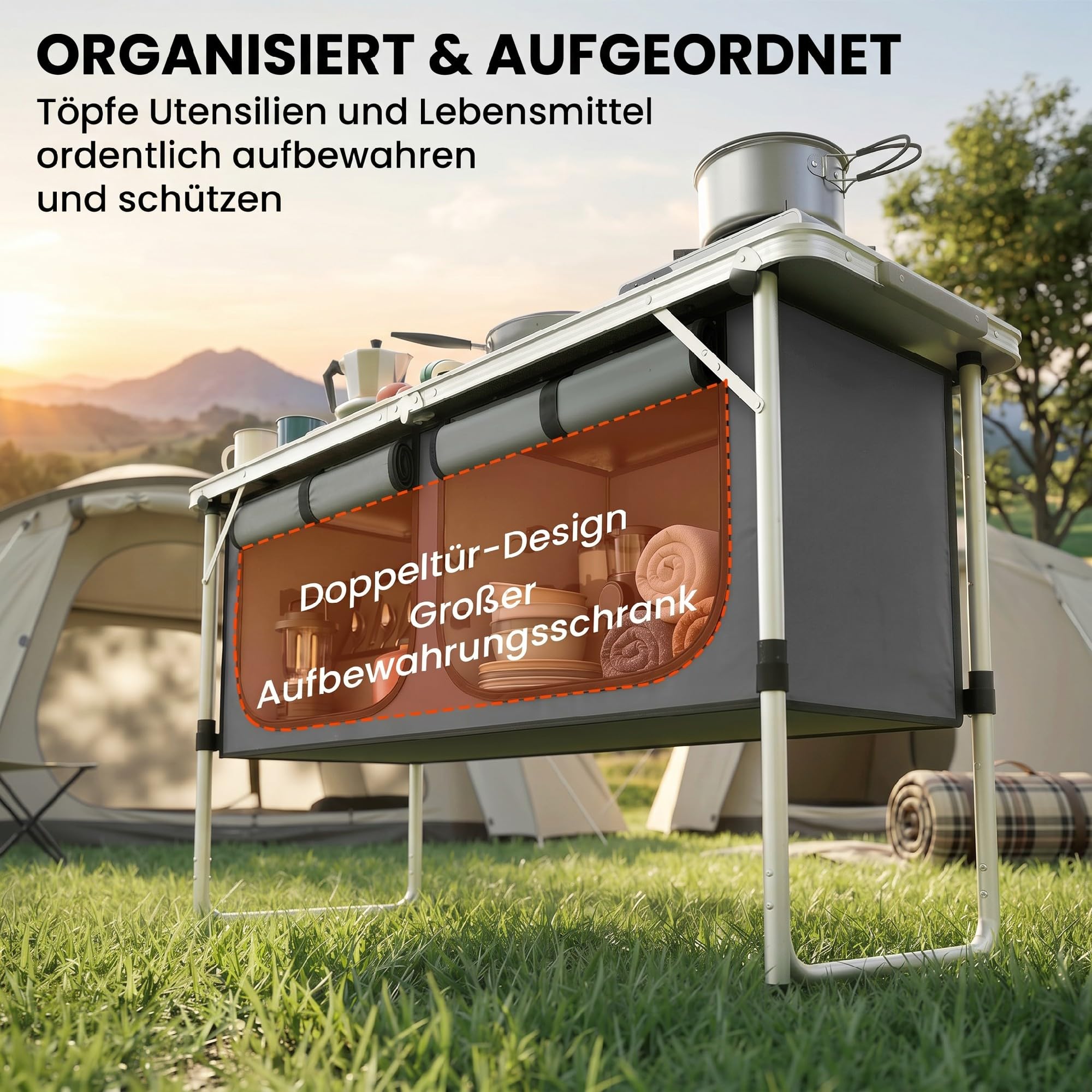 Outsunny Camping Küche Faltbar Campingschrank Aluminiumgestell Silber | Arbeitsplatte und Staufach, Outdoor Küchenschrank, für Reisen