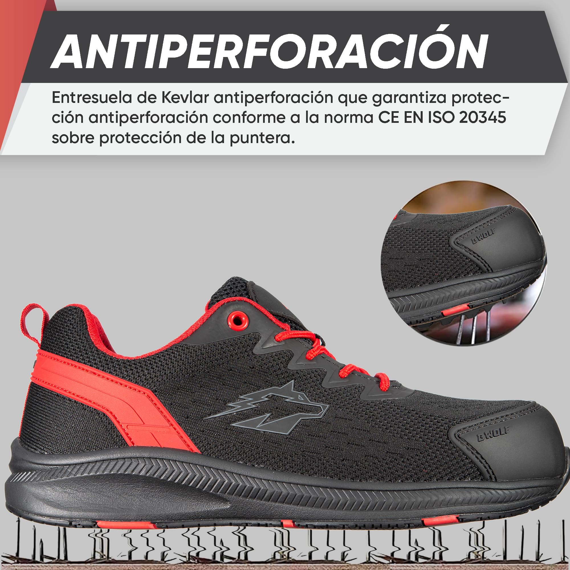 BWOLF Fly S1PS Zapatos de Trabajo de Seguridad ESD, Kevlar, Antiperforación, Antideslizantes, Suela EVA + Ergo Plus Comfort