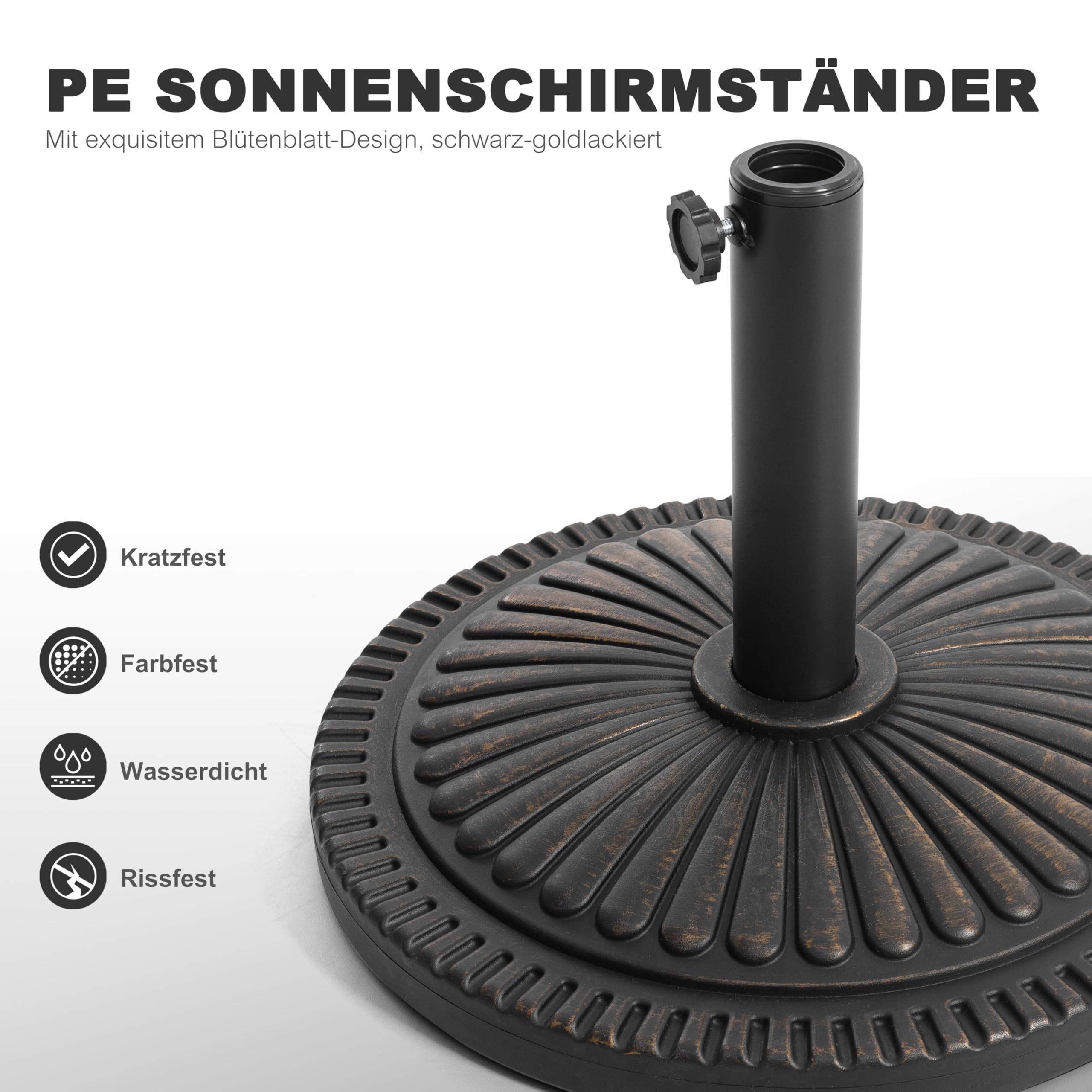 Avestar 15 kg runder Schirmständer für Garten, Sonnenschirmständer, beschwerter Schirmfuß, Schirmhalter, eleganter Schirmsockel für Schirmstangen Ø38-48 mm, Terrasse, Schwarz mit vergoldetem Rand