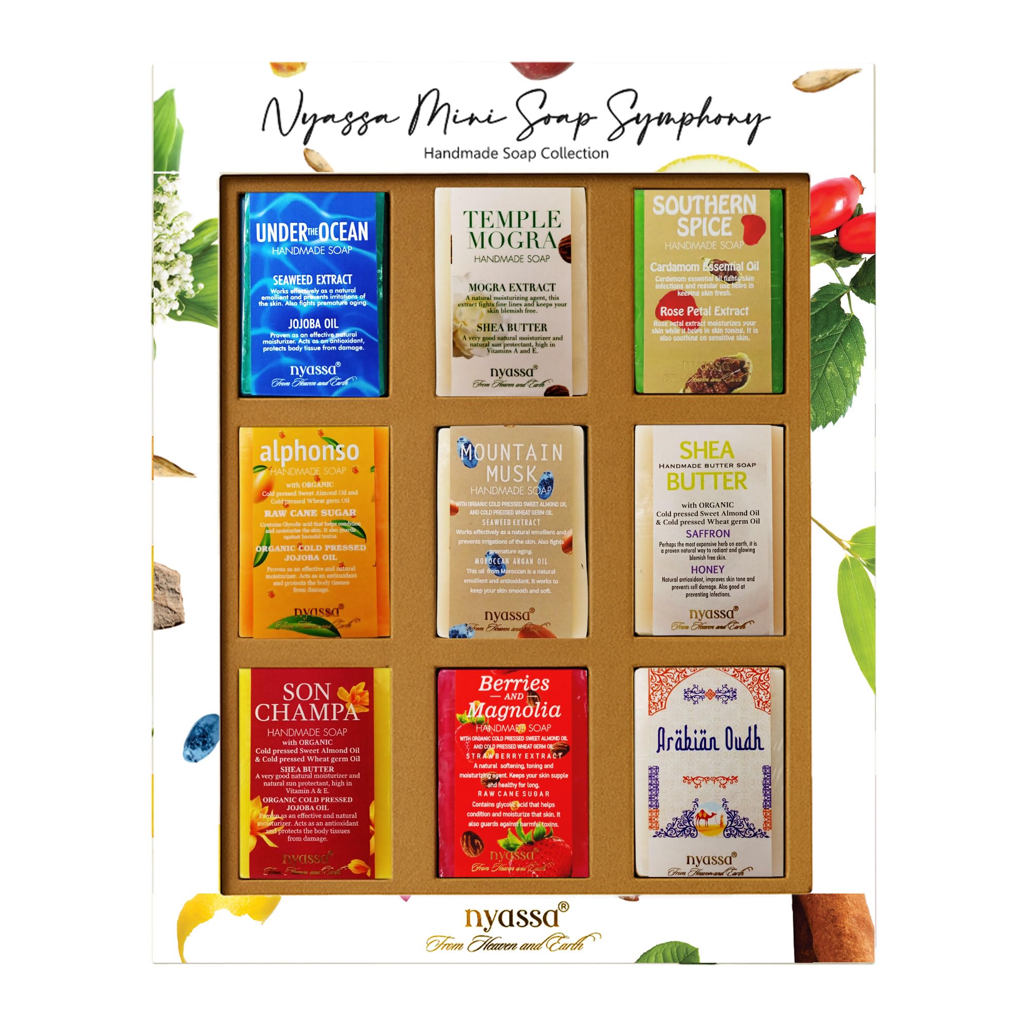 NYASSA Mini Soap Symphony Handmade Soap Collection 25g | For Birthday Gift & Anniversary To Pamper Your Loved Ones For All Occasion | Handmade Soaps | Natural Ingredient, No Parabens | Pack of 9