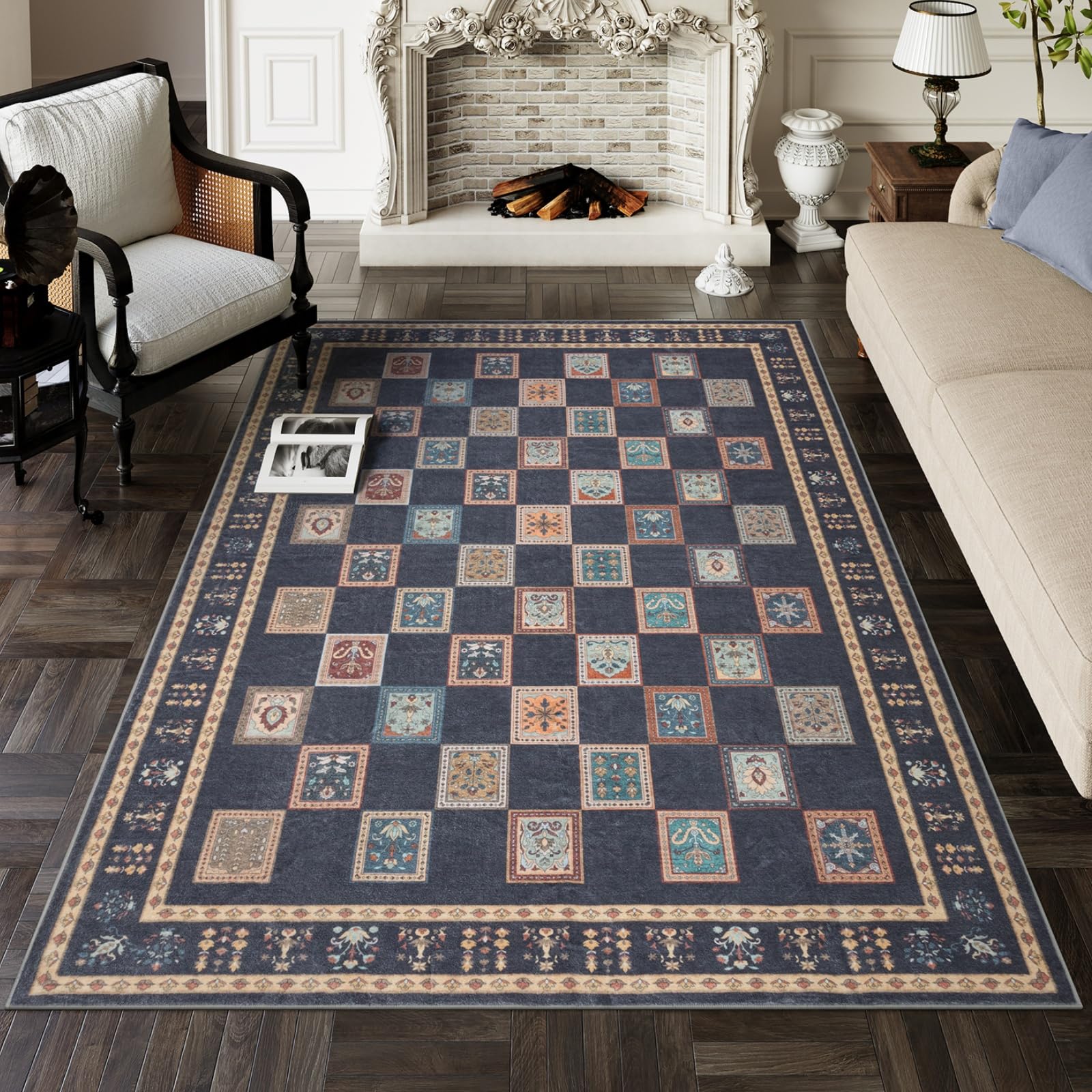 Lahome Checkered Dining Room Rugs for Under Table, Vintage Soft Living Room Rug, Distressed Machine Washable Carpet for Bedroom (Purple/Multi)