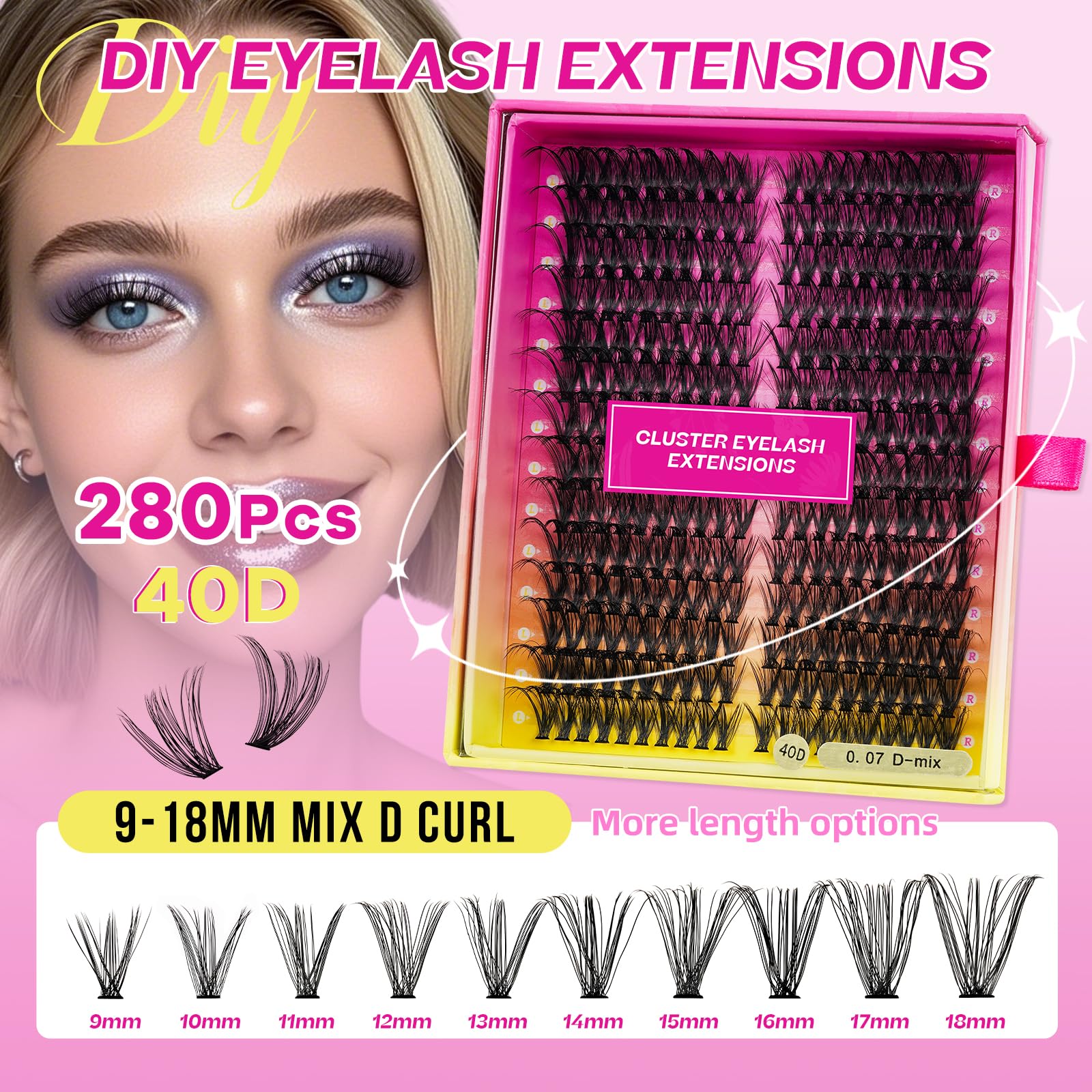 Extension Ciglia 280 Pezzi Ciuffetti Ciglia Finte Kit,Set Ciglia Finte Extension Fai Da Te,Fake Eyelashes, Ciglia Singole 50D D Curl Diy Eyelash Extension,Ciuffetti Extension Ciglia(50D, 9-18mm Mix)