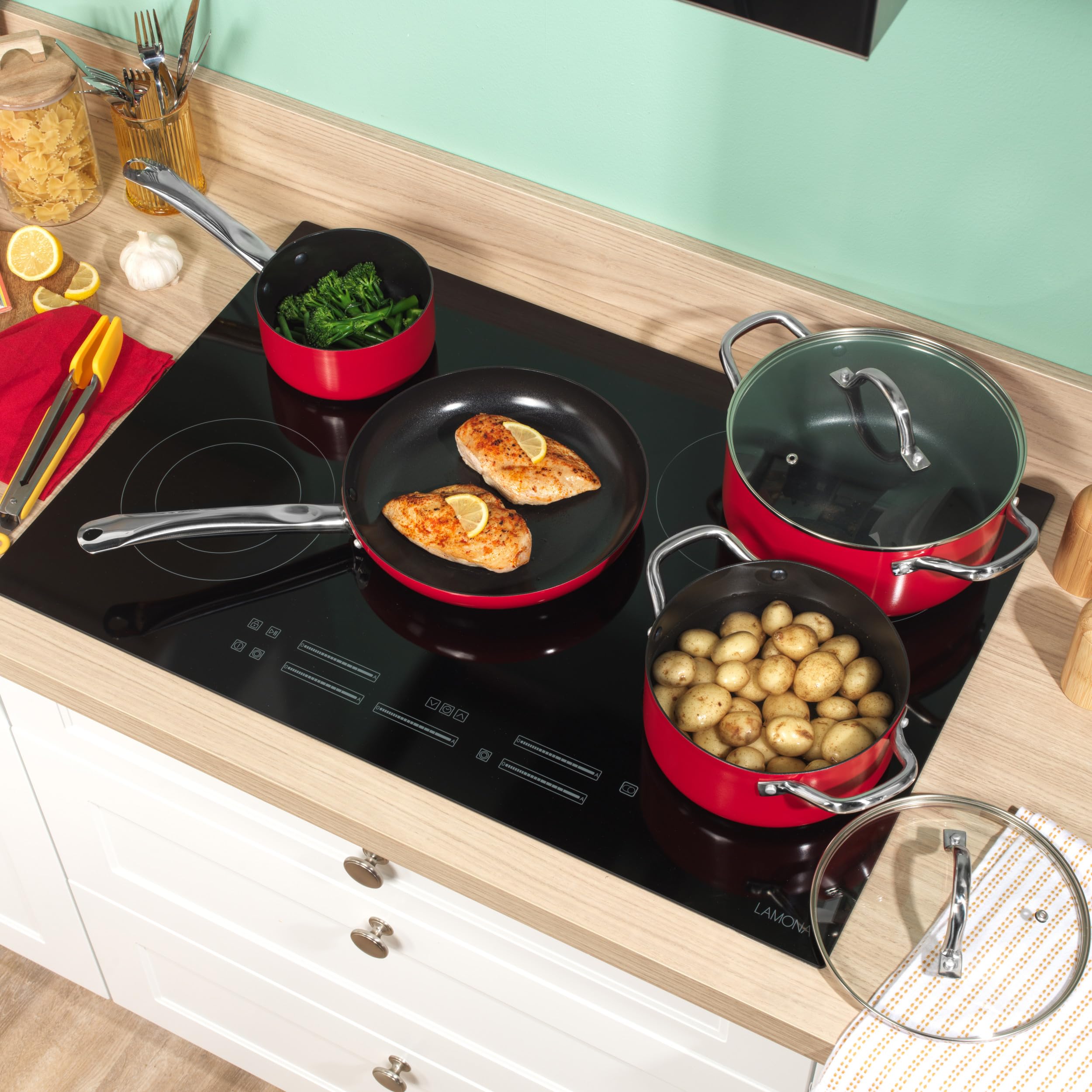 Russell Hobbs Riviera Kochgeschirr-Set, 4-teilig, Keramik-Antihaft | Pressaluminium, PFAS-freie Keramikbeschichtung, induktionsgeeignet, ofenfest bis 220 °C, 24 cm Pfanne, 16 cm Topf, 20/24