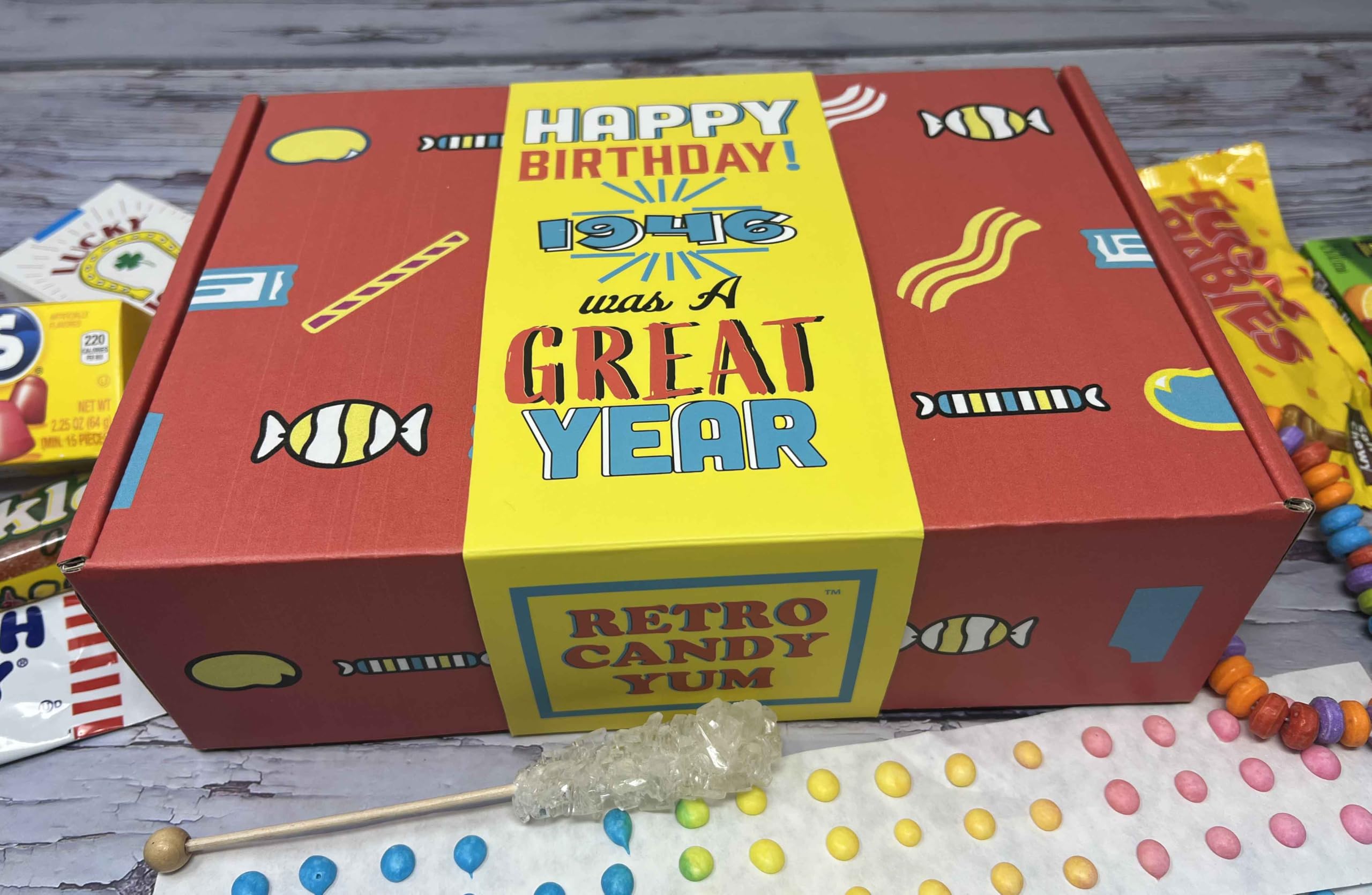 1946 Retro Childhood Candy Gift Basket Box Assortment for 80th Birthday Man or Woman Jr