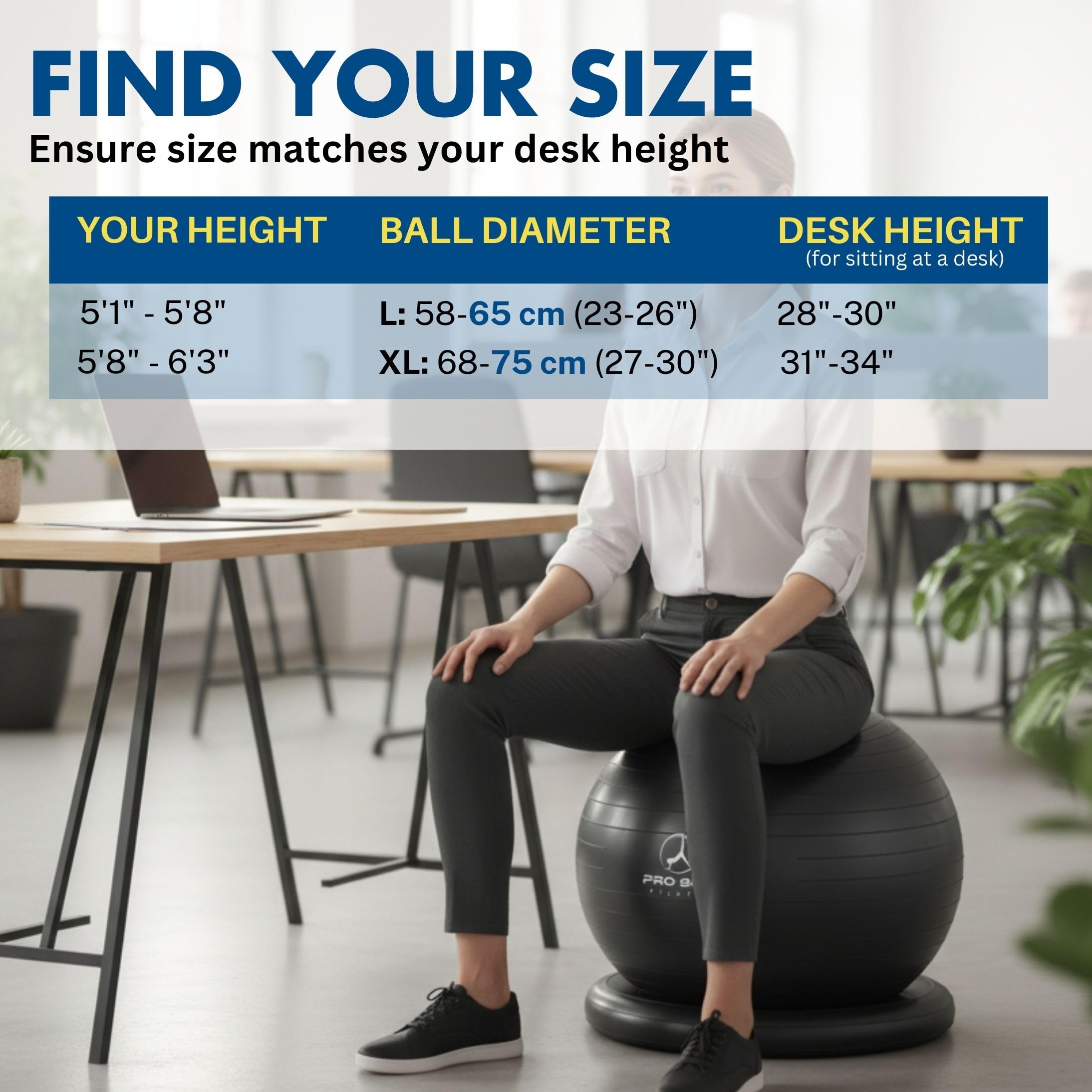 ProBody Pilates Sfera per yoga, sedia a sfera con base o supporto e fasce per casa, ufficio, scrivania, seduta o allenamento, 65 cm, per bilanciamento e stabilità, grande palla da palestra per schiena, addominali