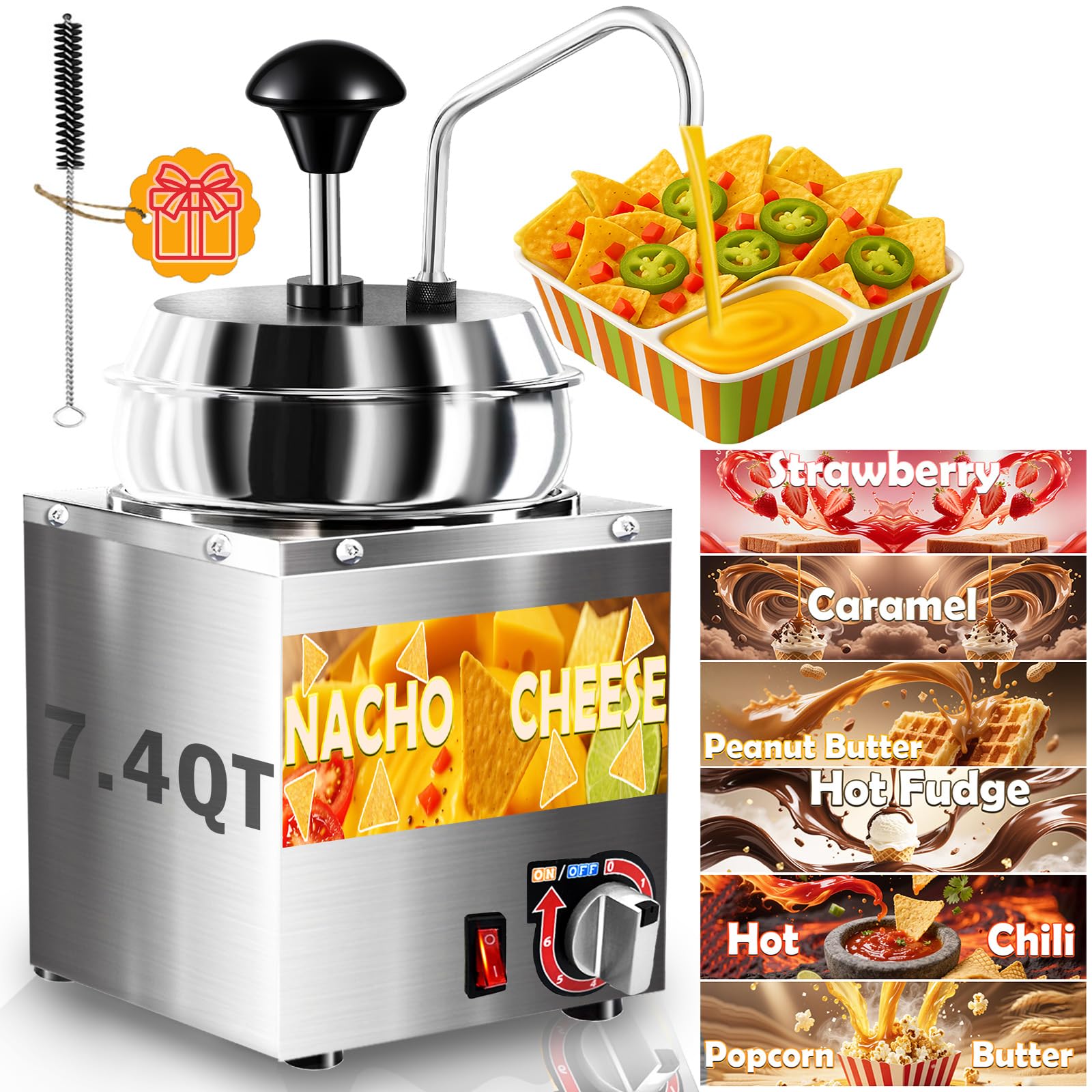 Nacho Cheese Dispenser, 7.4Qt Nacho Cheese Warmer with Stainless Steel Pump, Hot Fudge Warmer with 6-Level Temperature Adjustment, Commercial Sauce Dispenser Machine for Butter Cheese Caramel Syrup